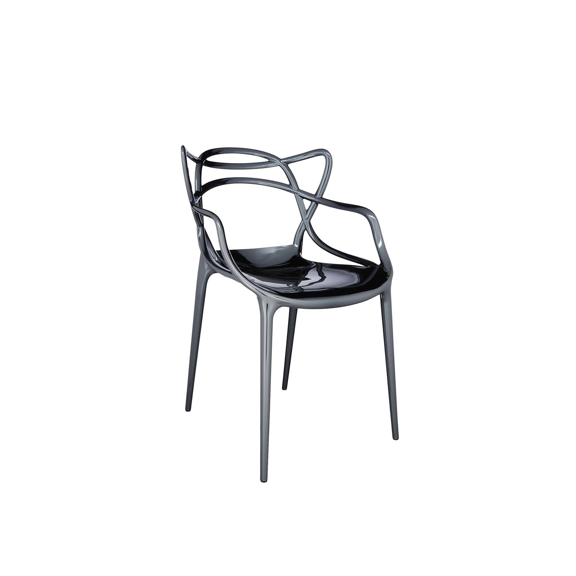 Stylish black dining chair with unique armrest design and sleek finish.