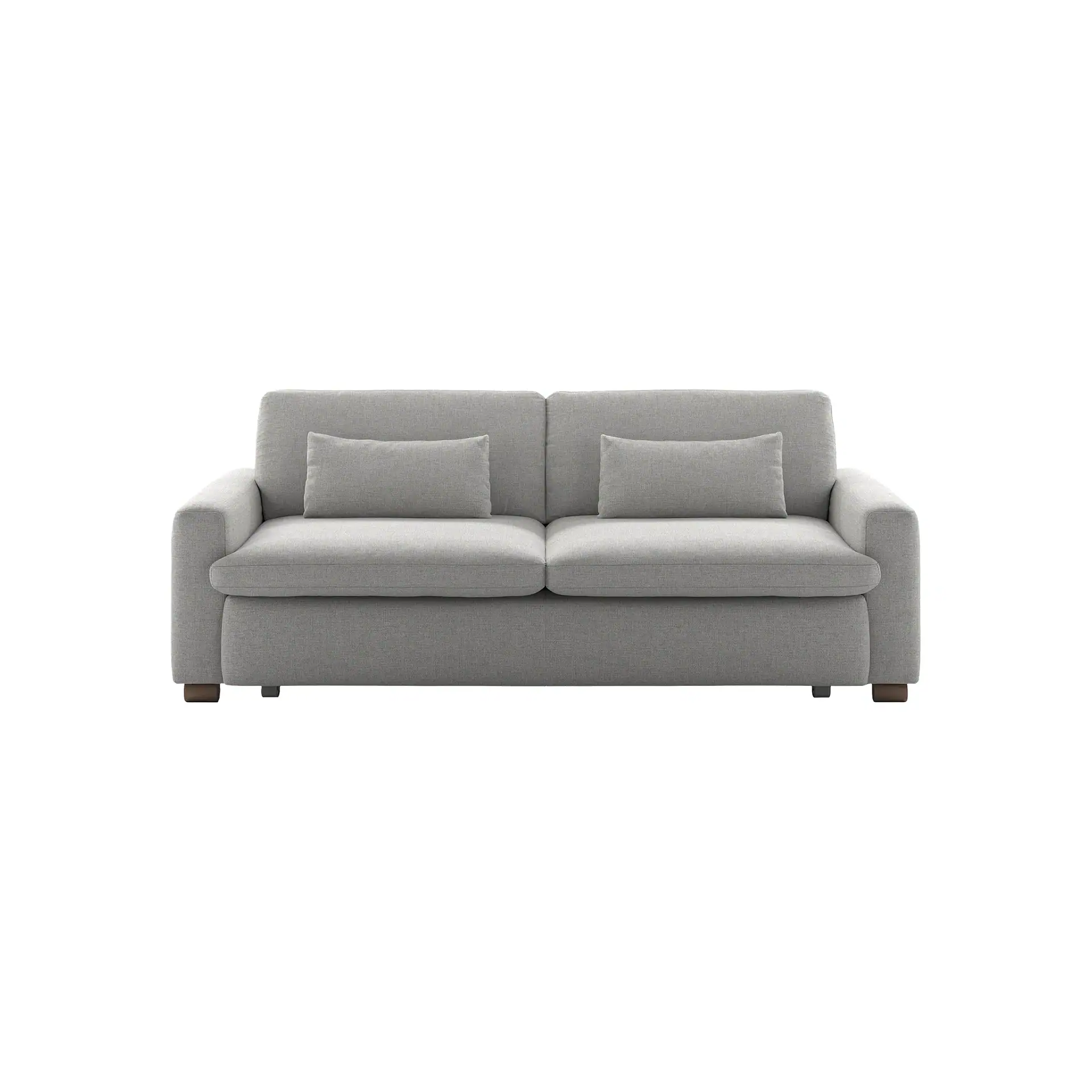 A light gray two-seater sofa with two seat cushions, two back cushions, and two toss pillows, on a white background.