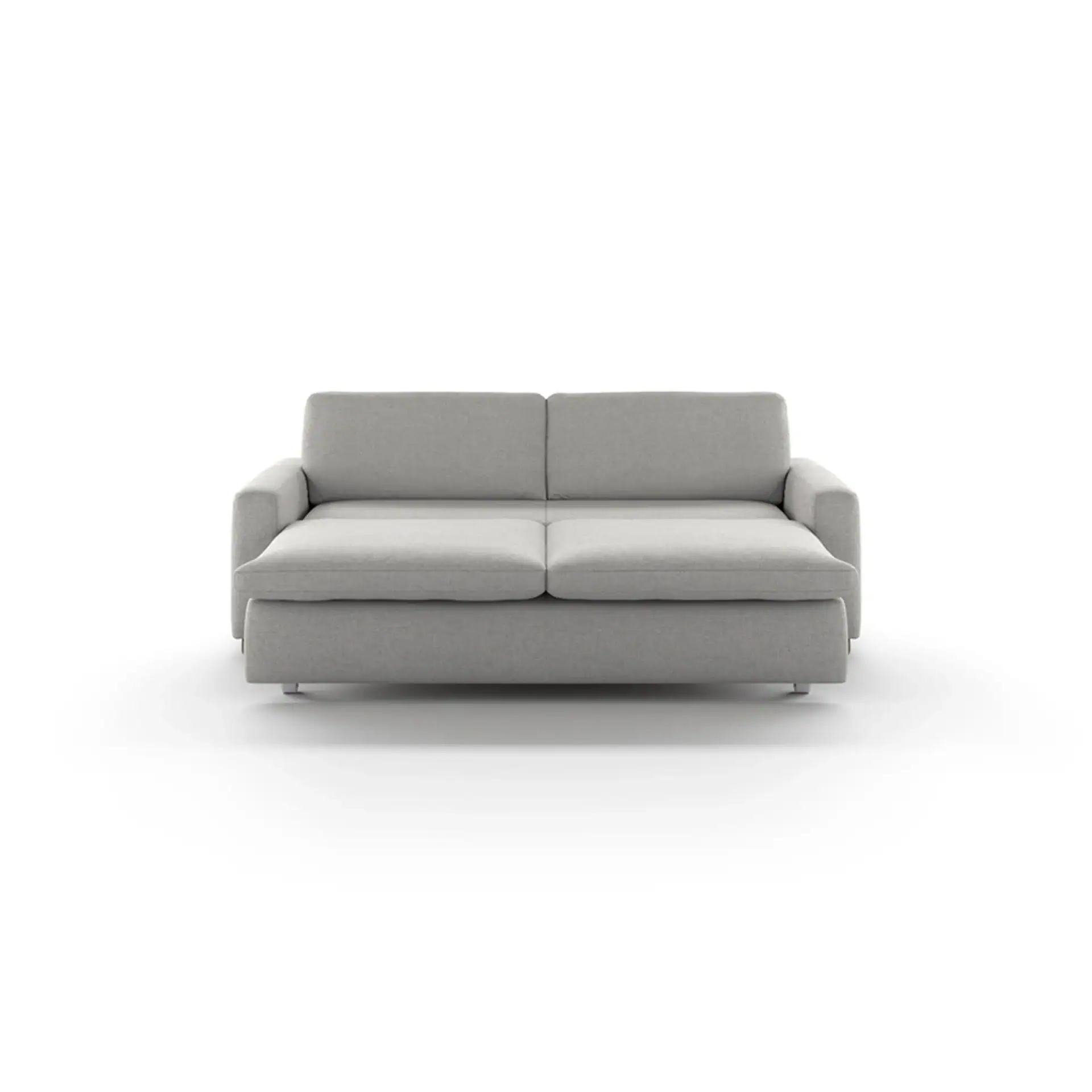A light gray fabric sofa with two seat cushions, two back cushions, and broad armrests, shown against a white background. The front of the seat extends forward, revealing small silver feet.