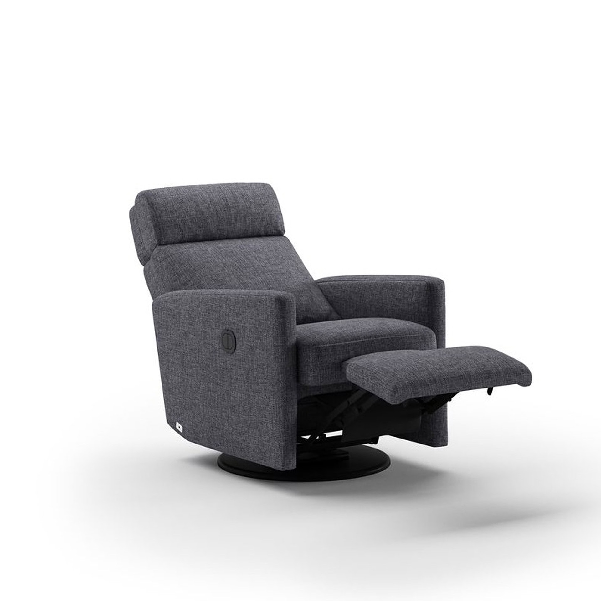 Recliner chair with matching ottoman in dark gray fabric, perfect for relaxing and lounging.