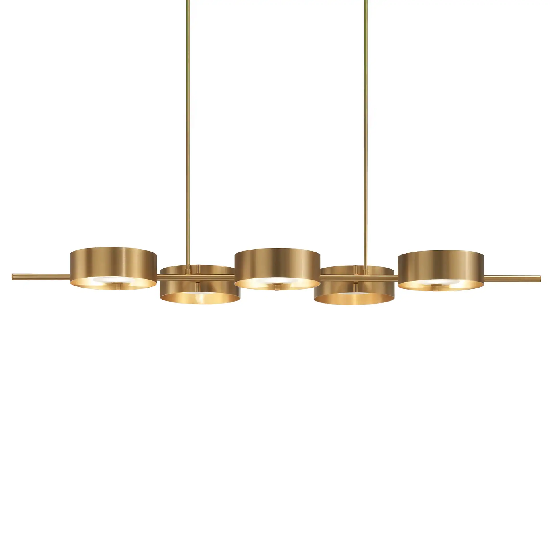 A modern linear pendant light fixture with five brushed brass cylindrical lights, suspended by two rods against a white background.