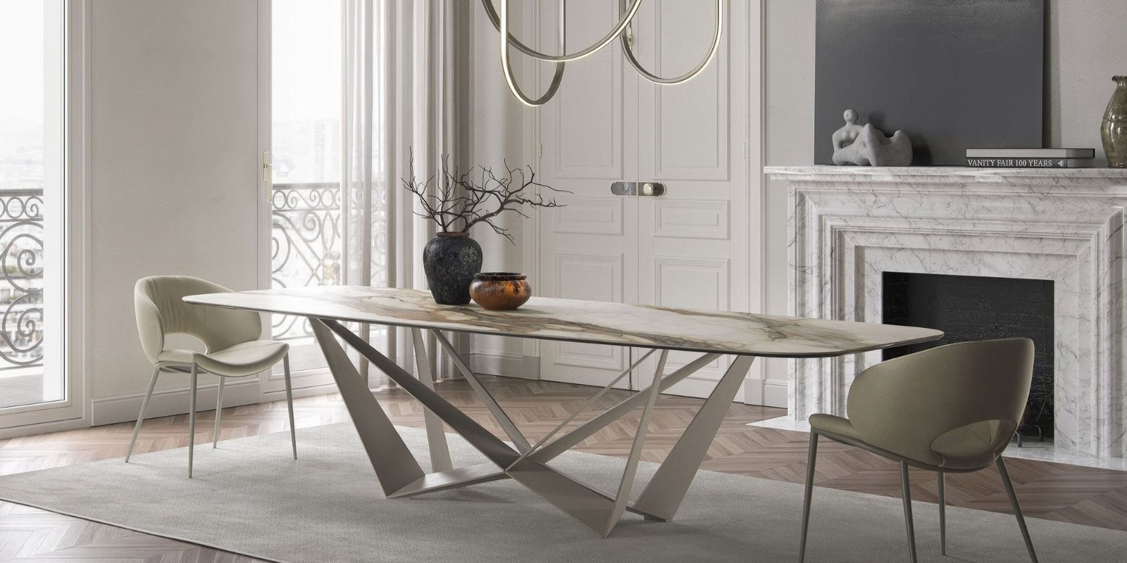 Elegant modern wooden dining table with unique base design in a stylish dining room. The Skorpio Modern Dining Table
