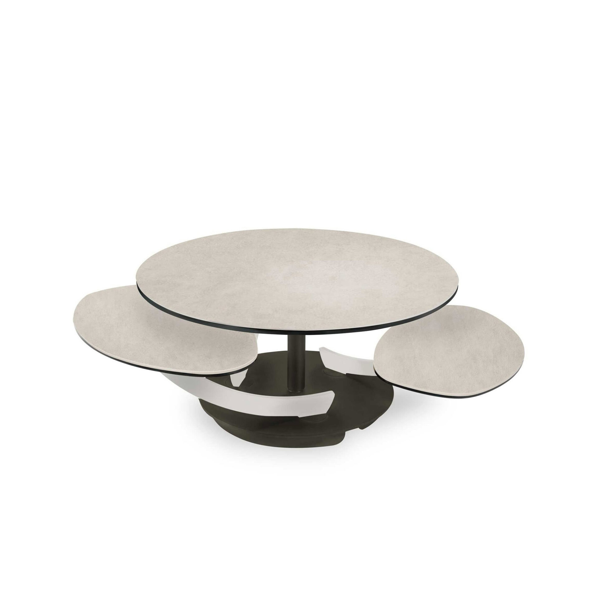 A modern, multi-tiered coffee table with light beige textured tops, black edges, and a dark grey base with white curved supports, against a white background.