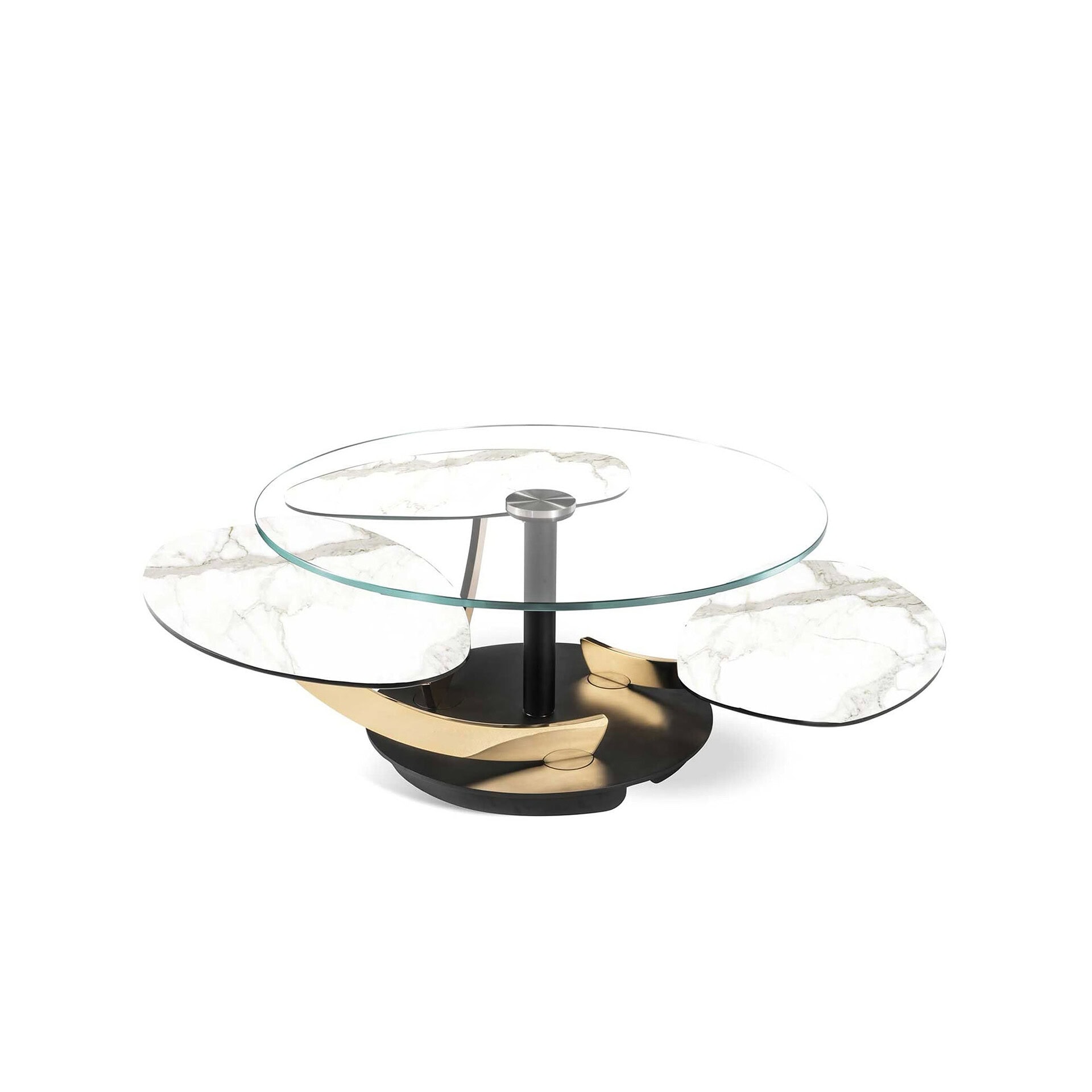 Elegant modern coffee table with marble and glass surfaces, stylish design.