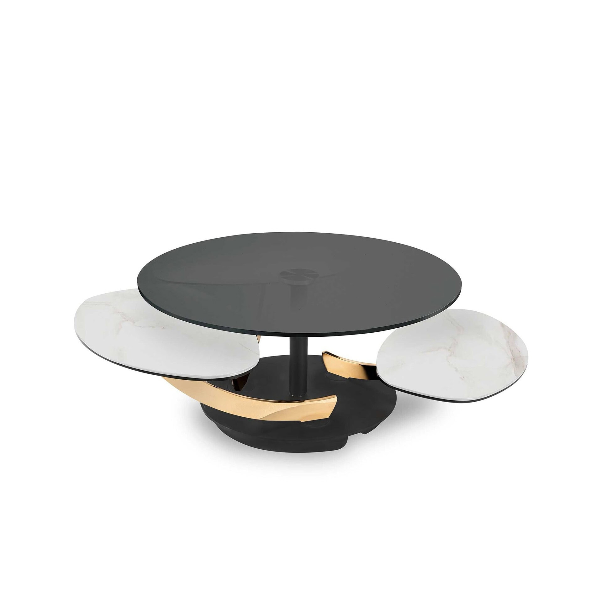 Black and white modern coffee table with marble accents and gold details.