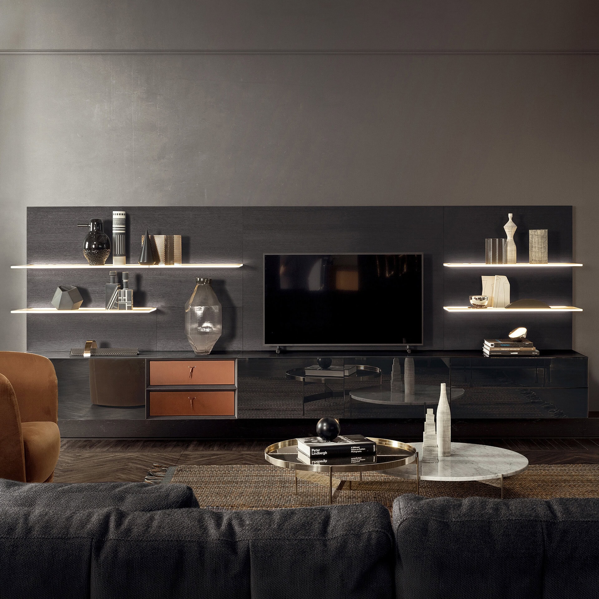 Contemporary living room with sleek wall-mounted shelves and flat-screen TV.