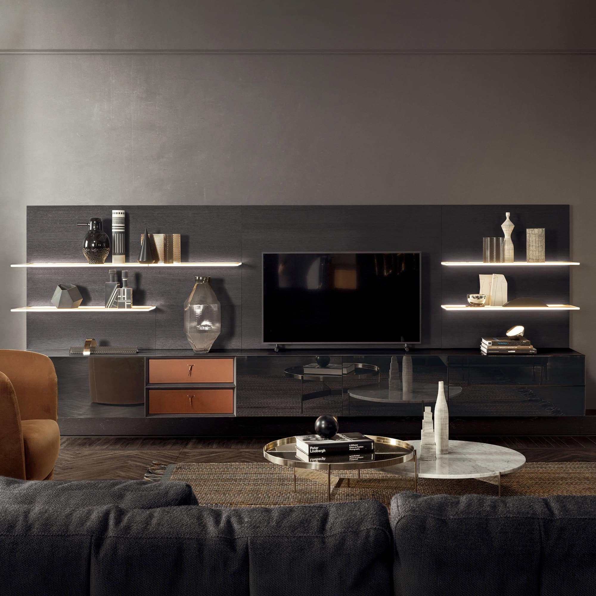 Contemporary living room with sleek wall-mounted shelves and flat-screen TV.