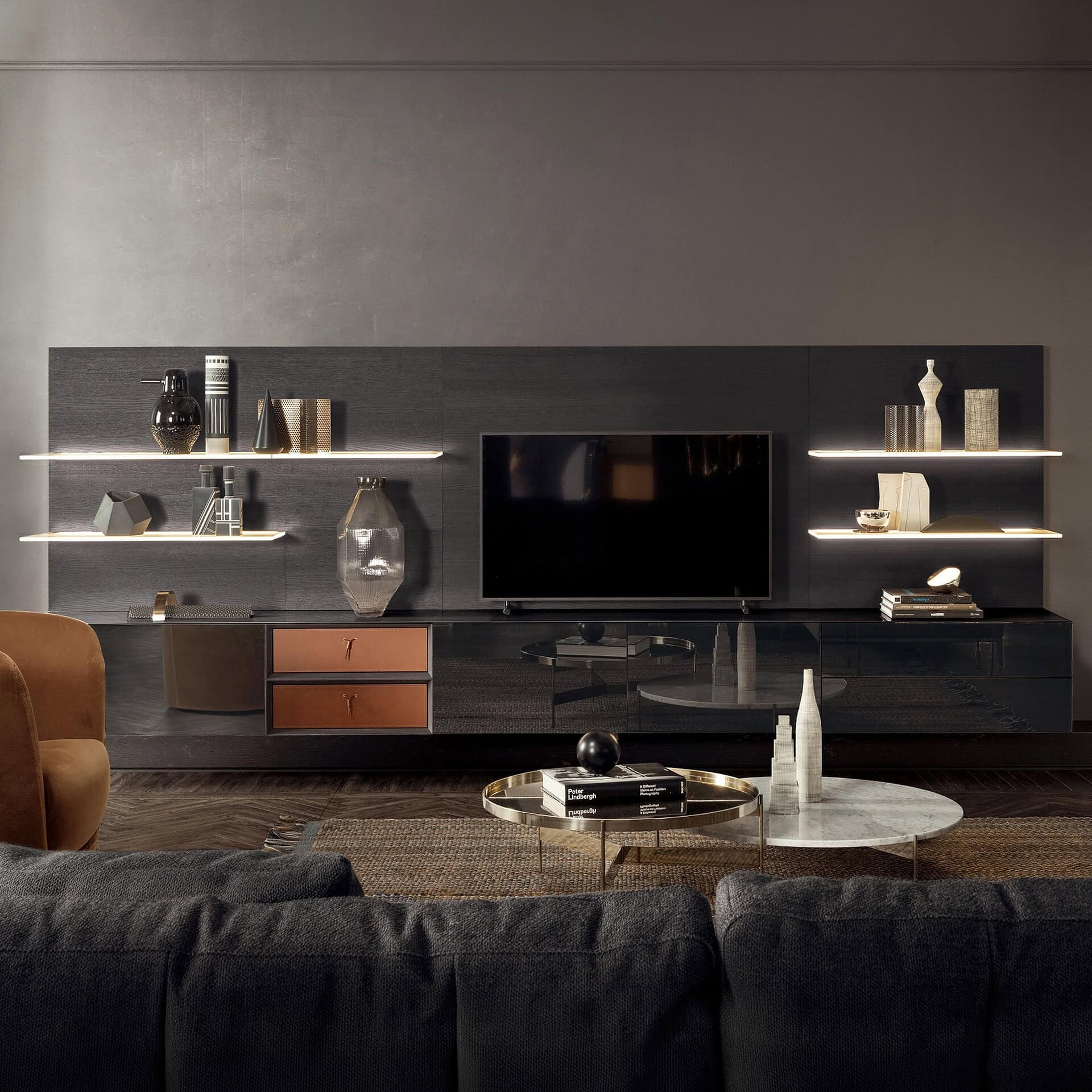Contemporary living room with sleek wall-mounted shelves and flat-screen TV.