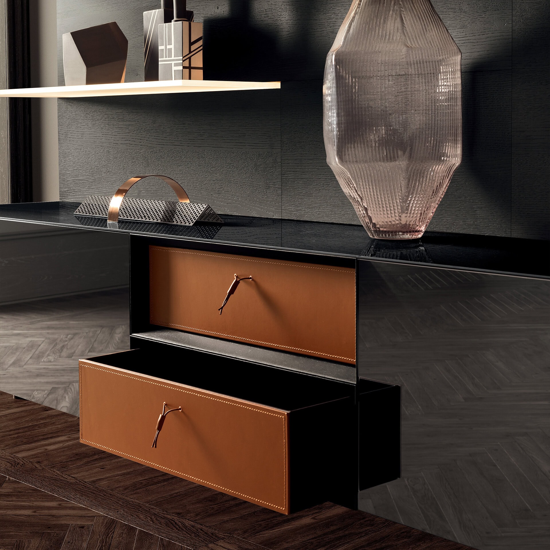 Stylish black and brown dresser with two drawers, perfect for modern home decor.