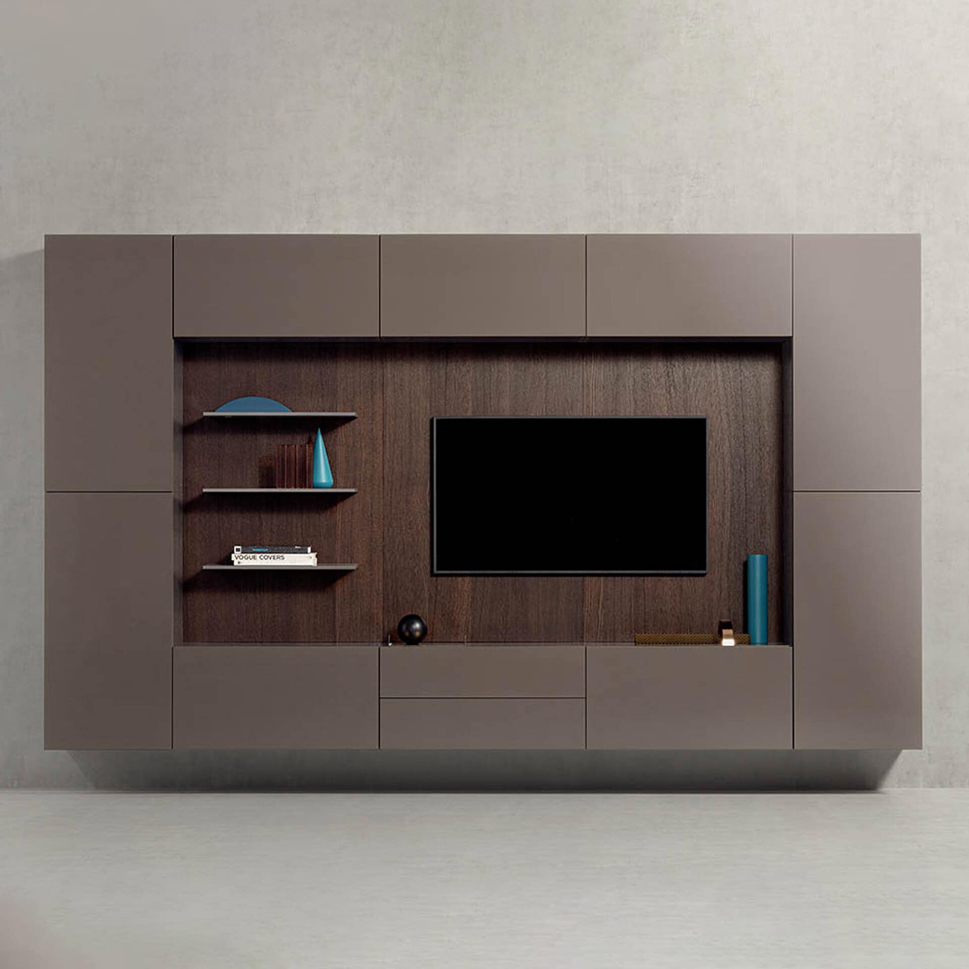 Contemporary wall-mounted TV unit with storage and decorative shelves.