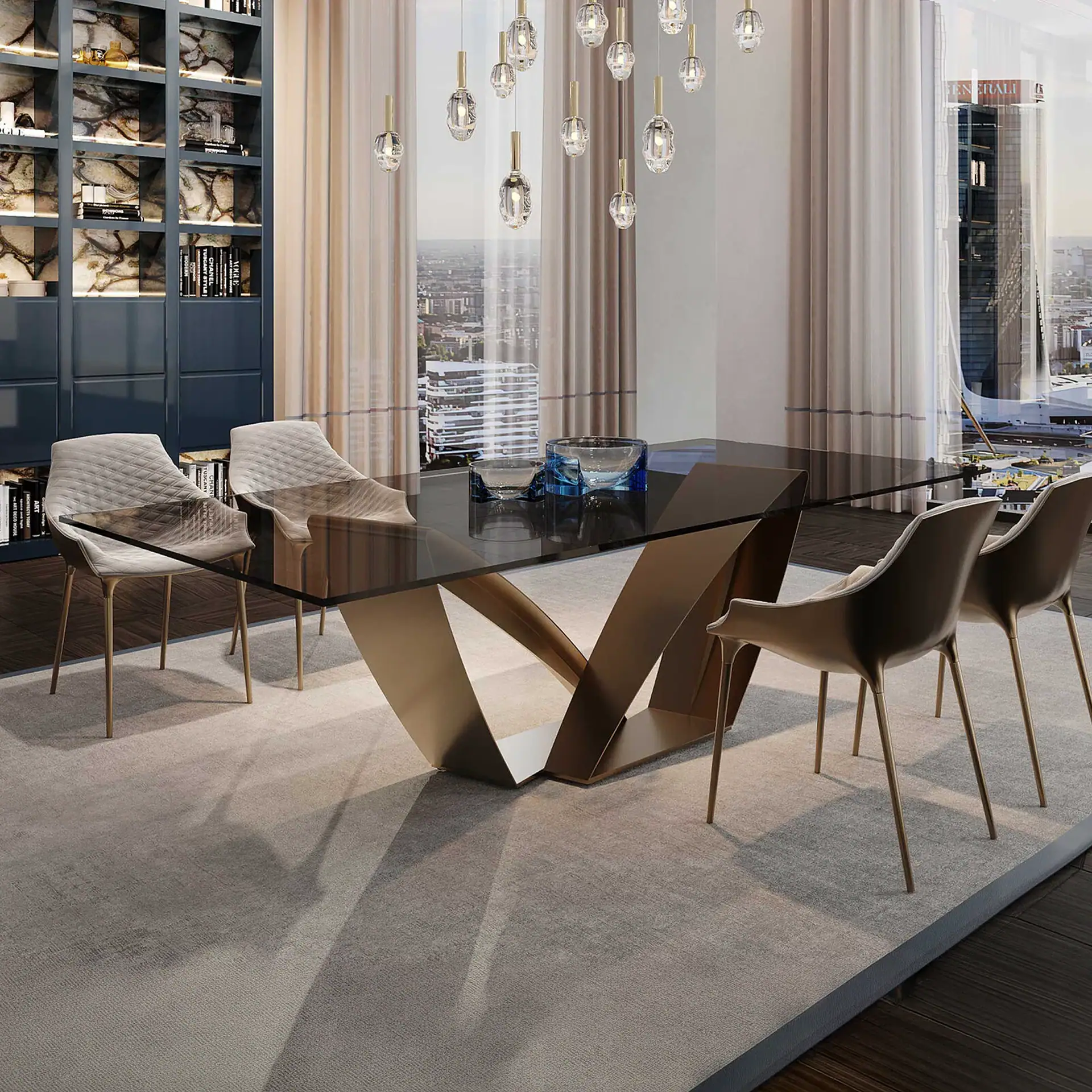 Apeiron 72 dining table in a modern high-rise dining room with chairs and pendant lighting.