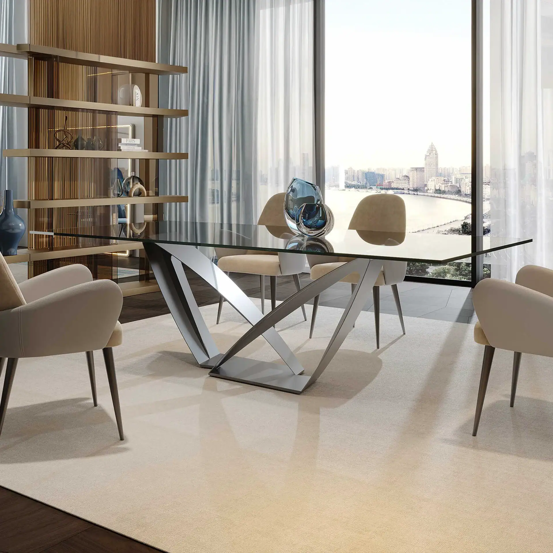 Apeiron 72 sculptural dining table with chairs in a modern room with city view.