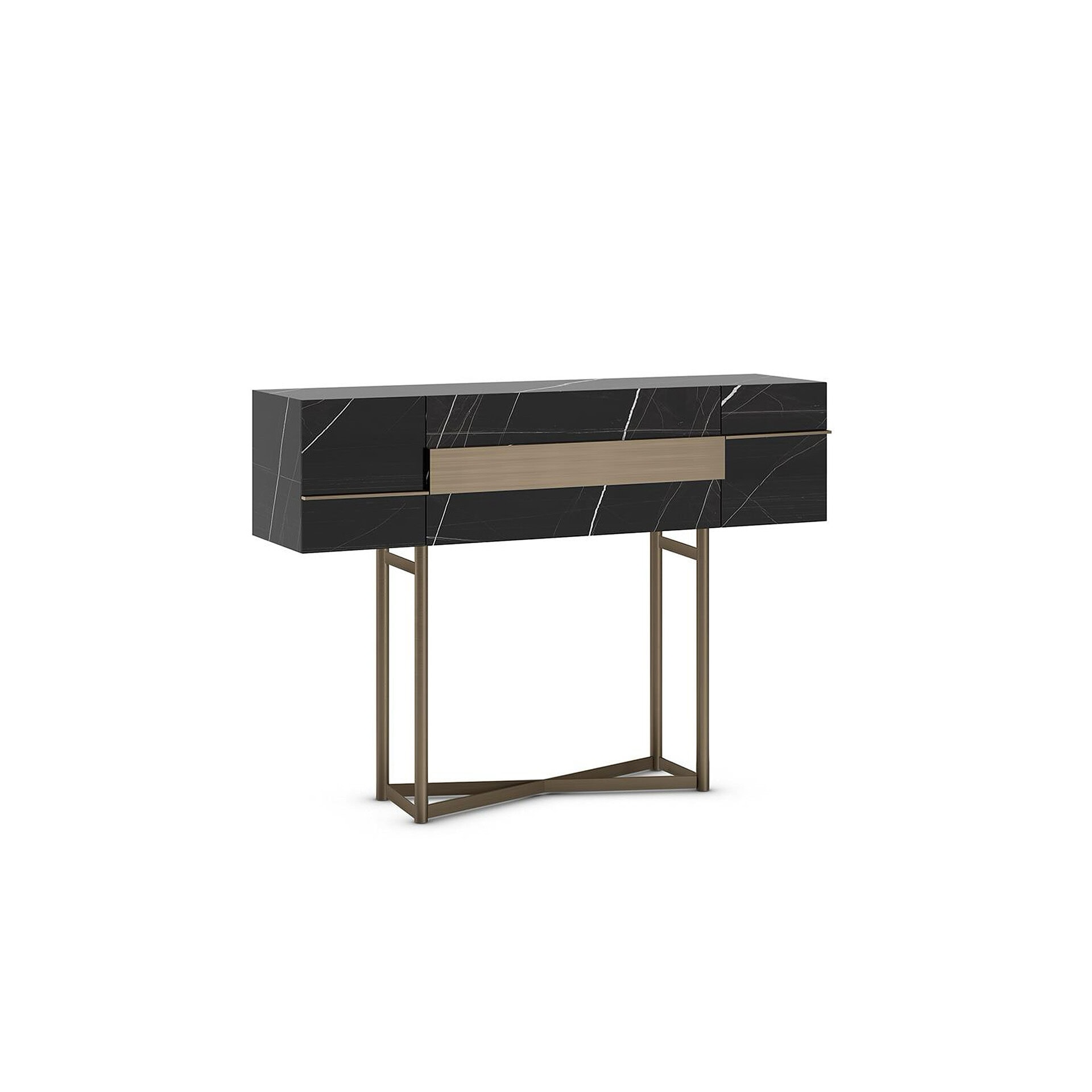 Elegant black and gold sideboard with wooden accents, ideal for contemporary living spaces.
