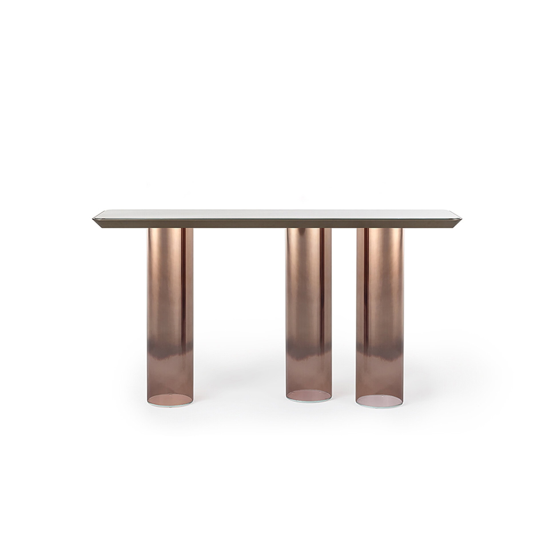 Elegant metallic dining table with three cylindrical legs and a glass surface.