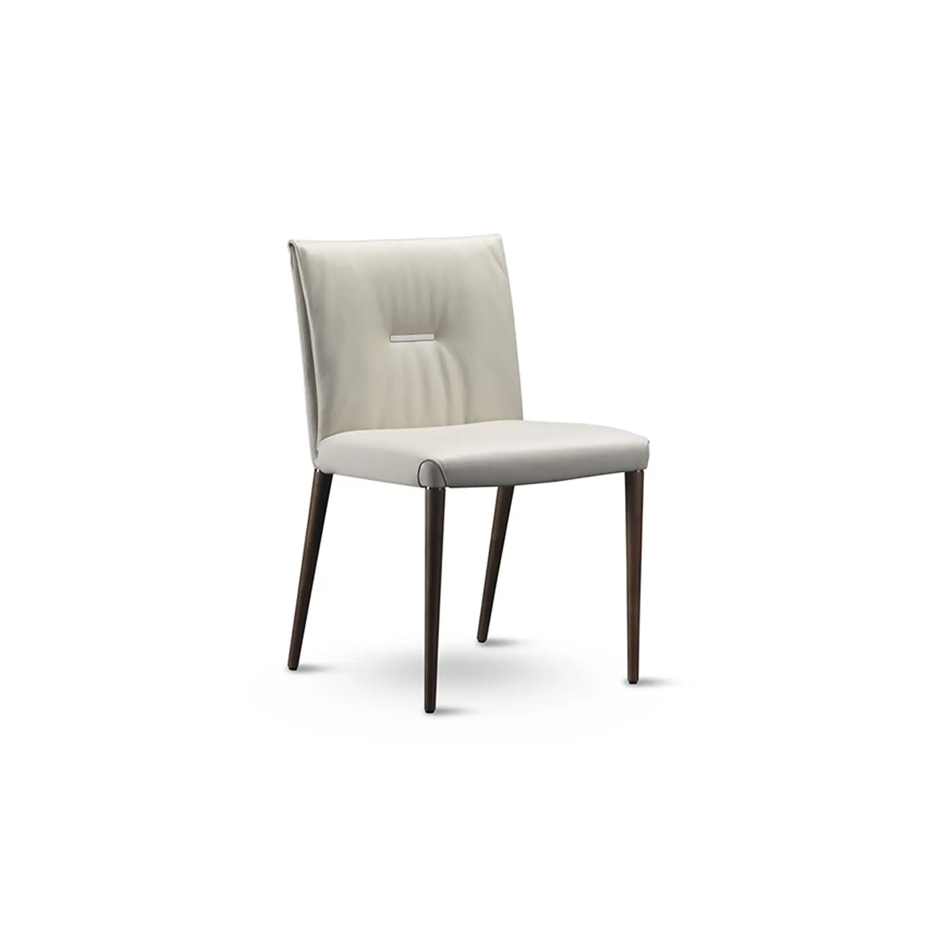 Sklar Furnishings dining chair with beige upholstery and dark wooden legs.