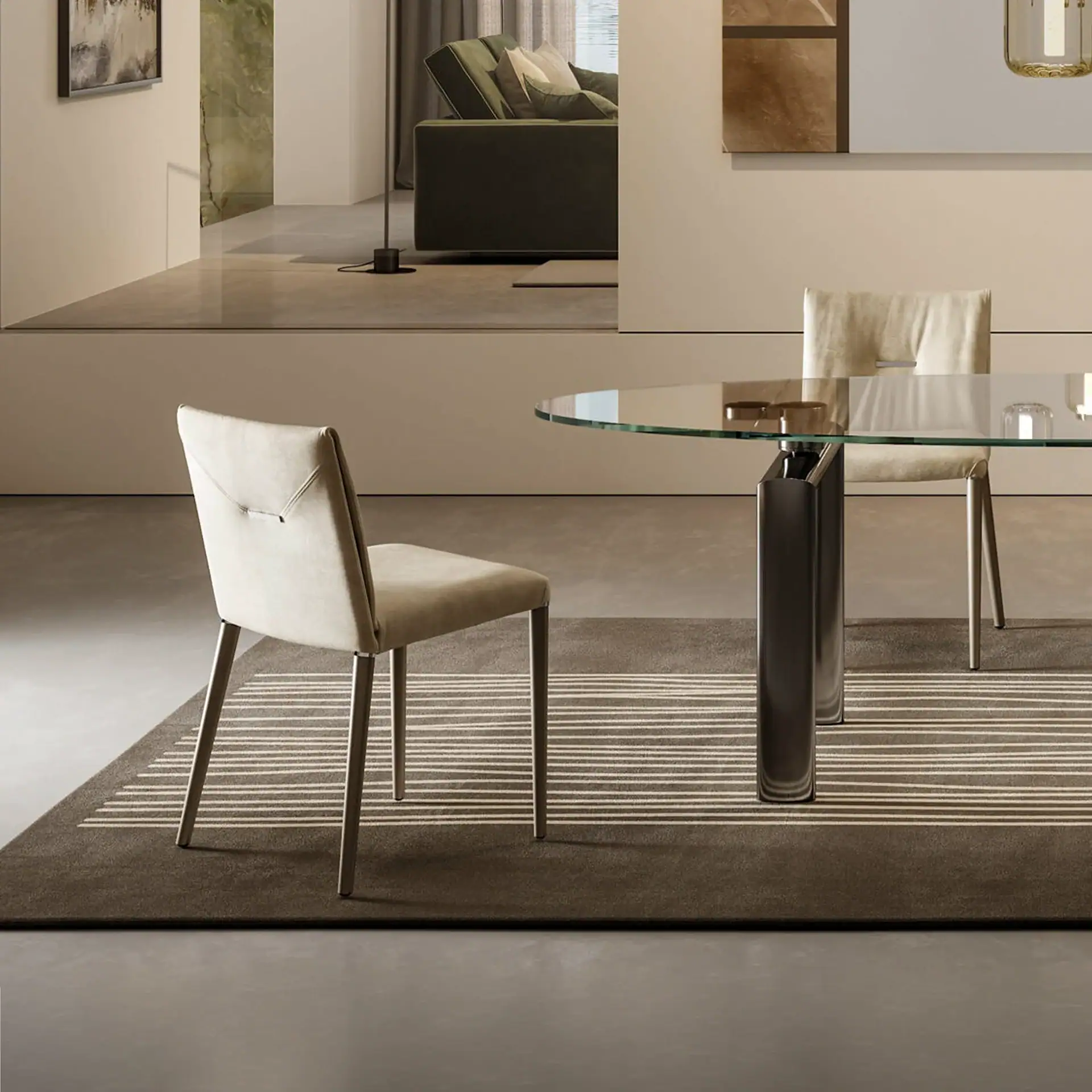 Sklar Furnishings soft dining chair with beige upholstery and metal legs.