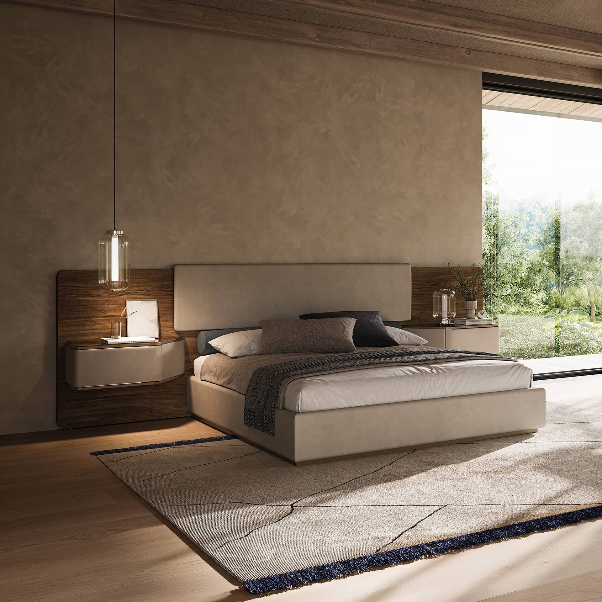Modern Wave XL bed with built-in nightstands for a sleek bedroom look. Crafted with high-quality mat.