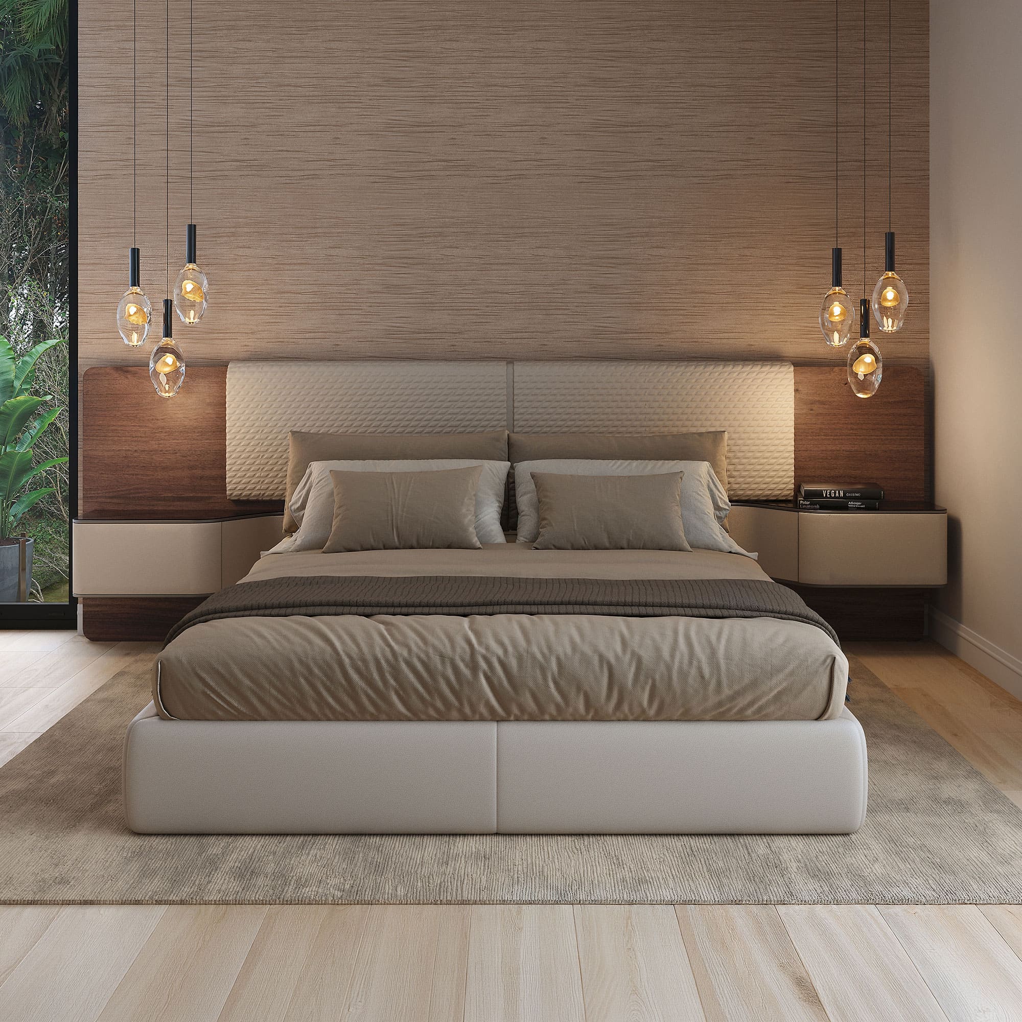 Modern Wave XL bed with integrated nightstands and pendant lighting.