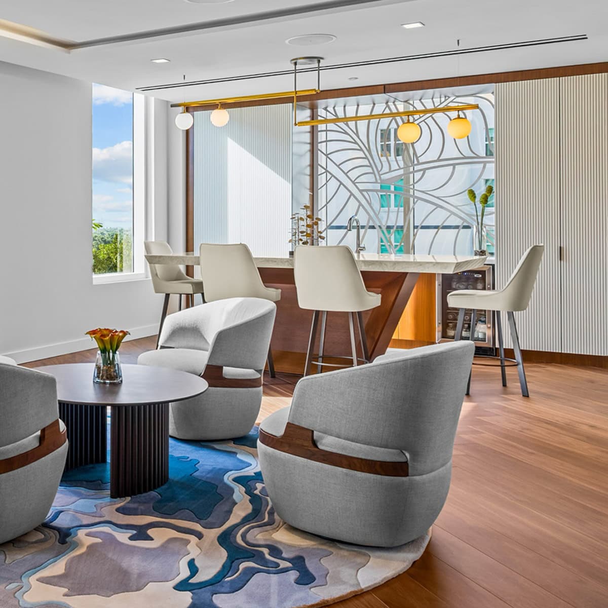 Contemporary dining room with stacked card-inspired decor and stylish seating.