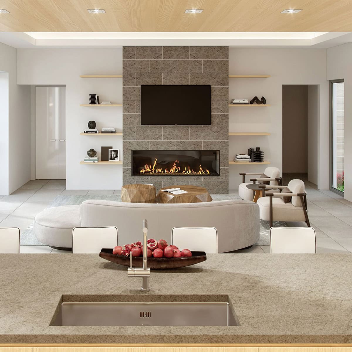 Modern living room with stacked card fireplace and minimalist decor.