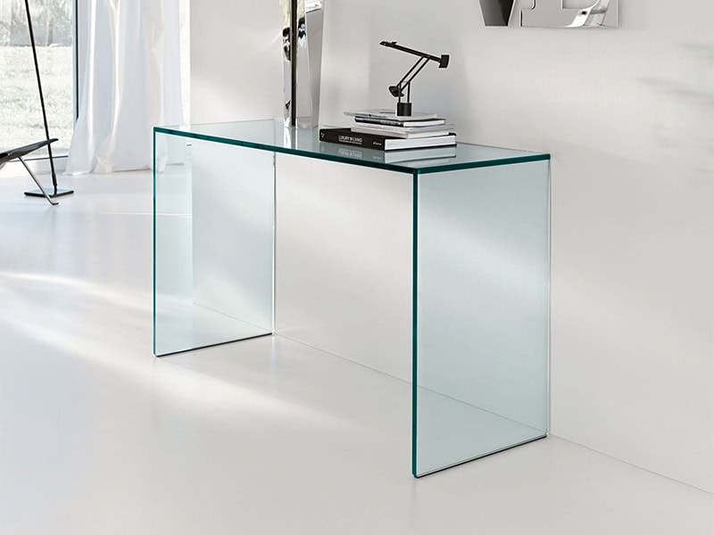 Modern glass console table with sleek, transparent design for contemporary interiors.