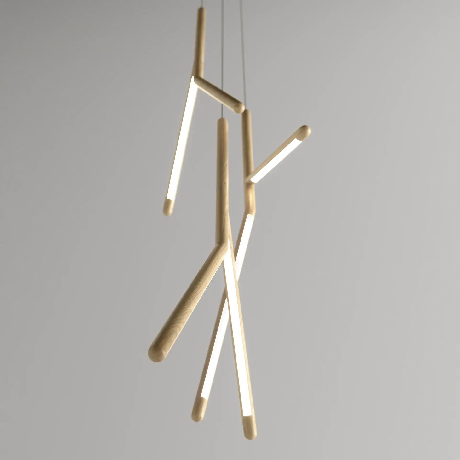 Modern pendant light fixture made of light wood with integrated LED strips, suspended against a light gray background.