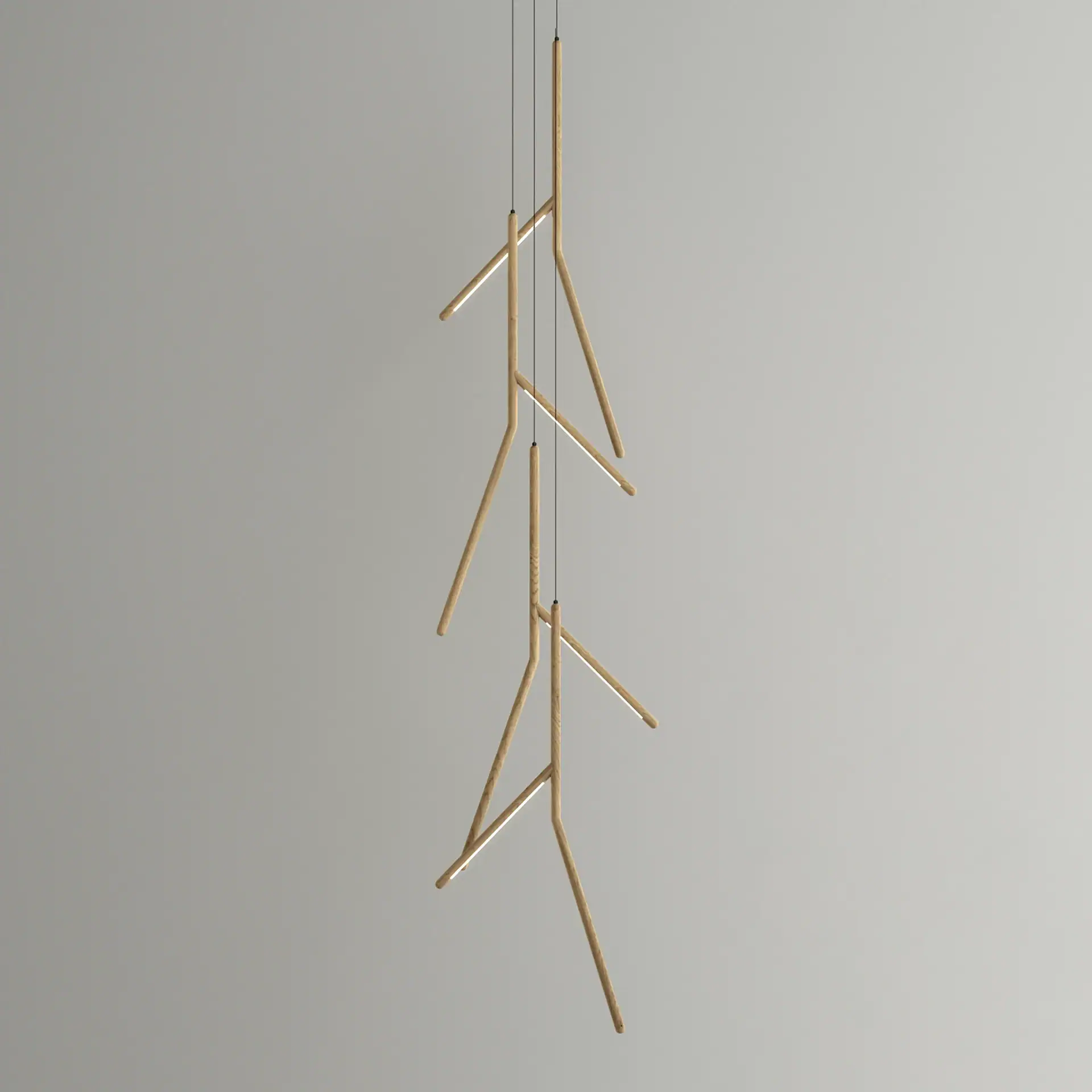 A modern chandelier with light wood branches and integrated LED lights, suspended against a light gray background.