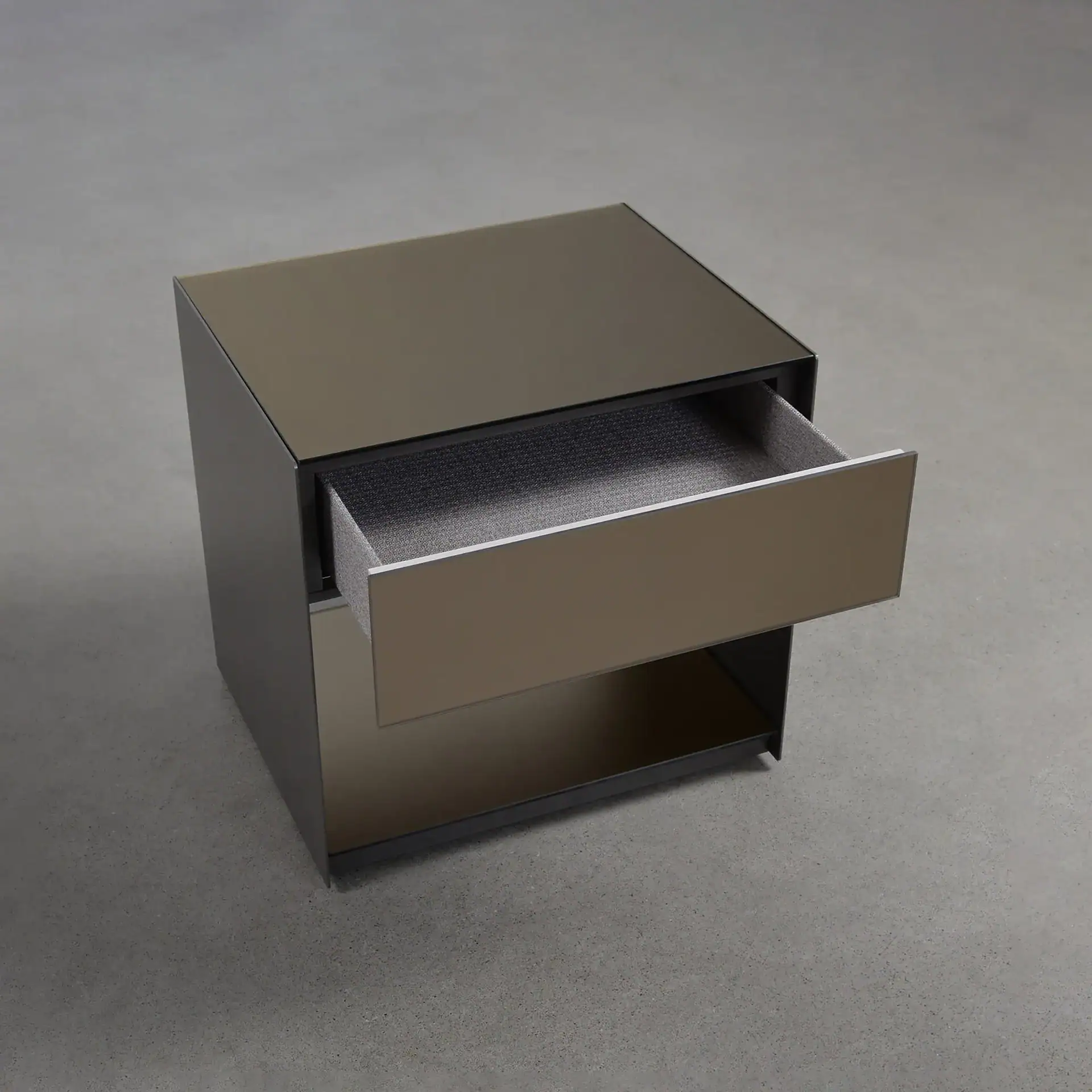 Sklar Furnishings nightstand with open drawer and lower shelf.