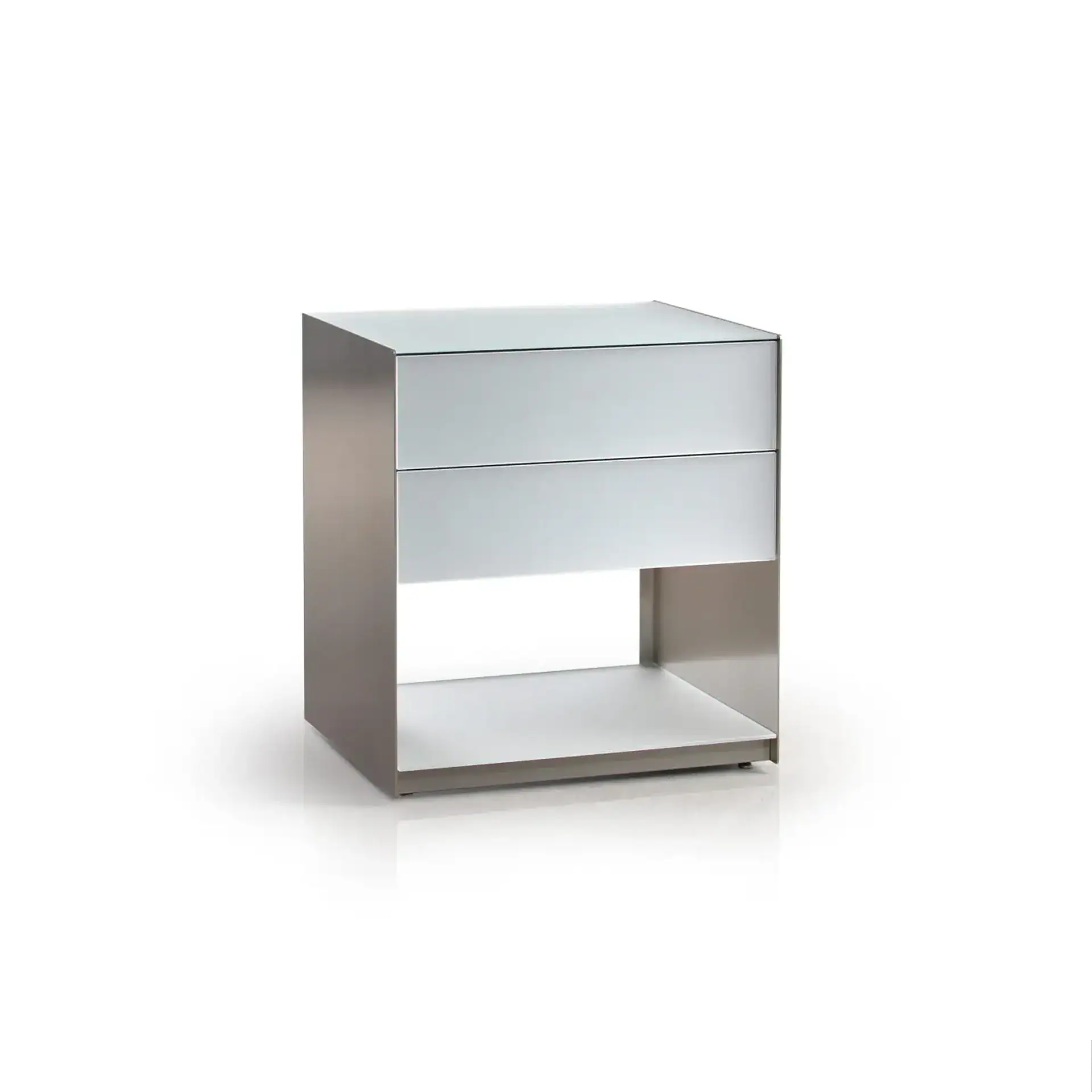 Sklar Furnishings nightstand with two drawers and open shelf in silver finish.