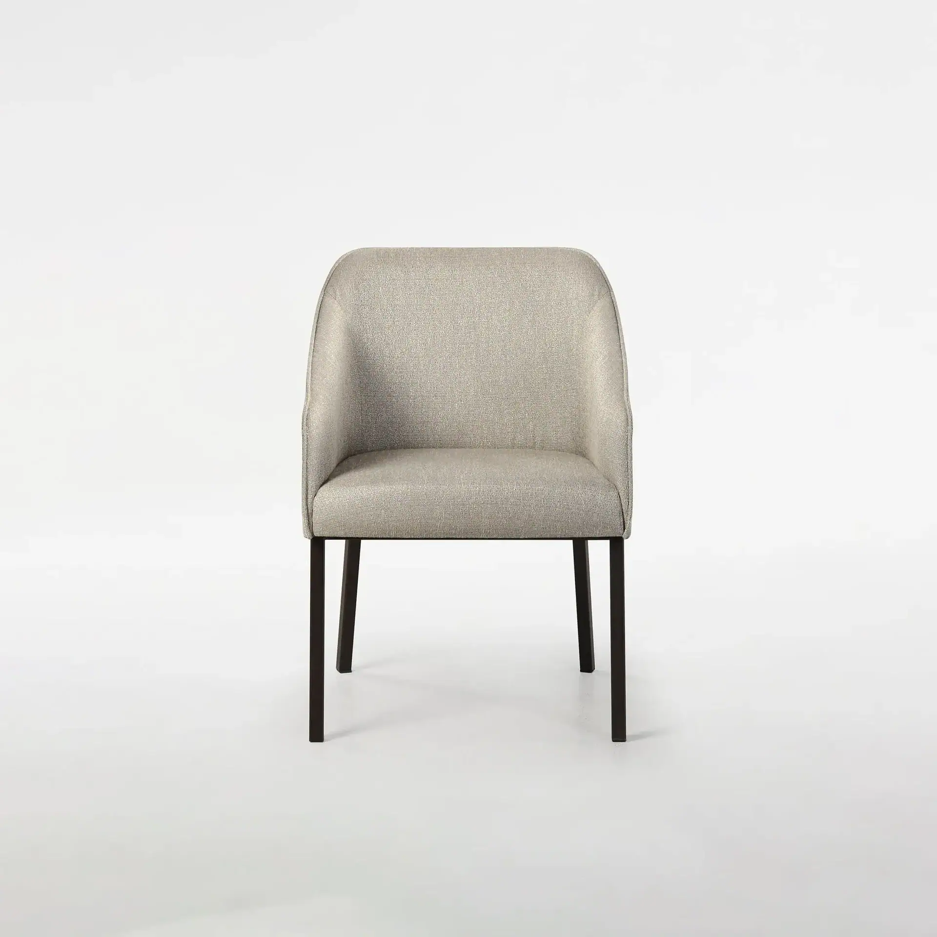 Elegant beige upholstered dining chair with dark wooden legs for contemporary interiors.