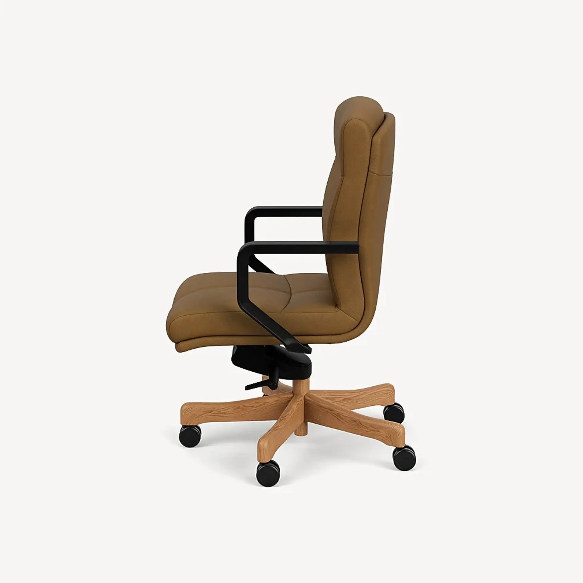 Side view of a light brown office chair with black armrests and a wooden five-star base with wheels.