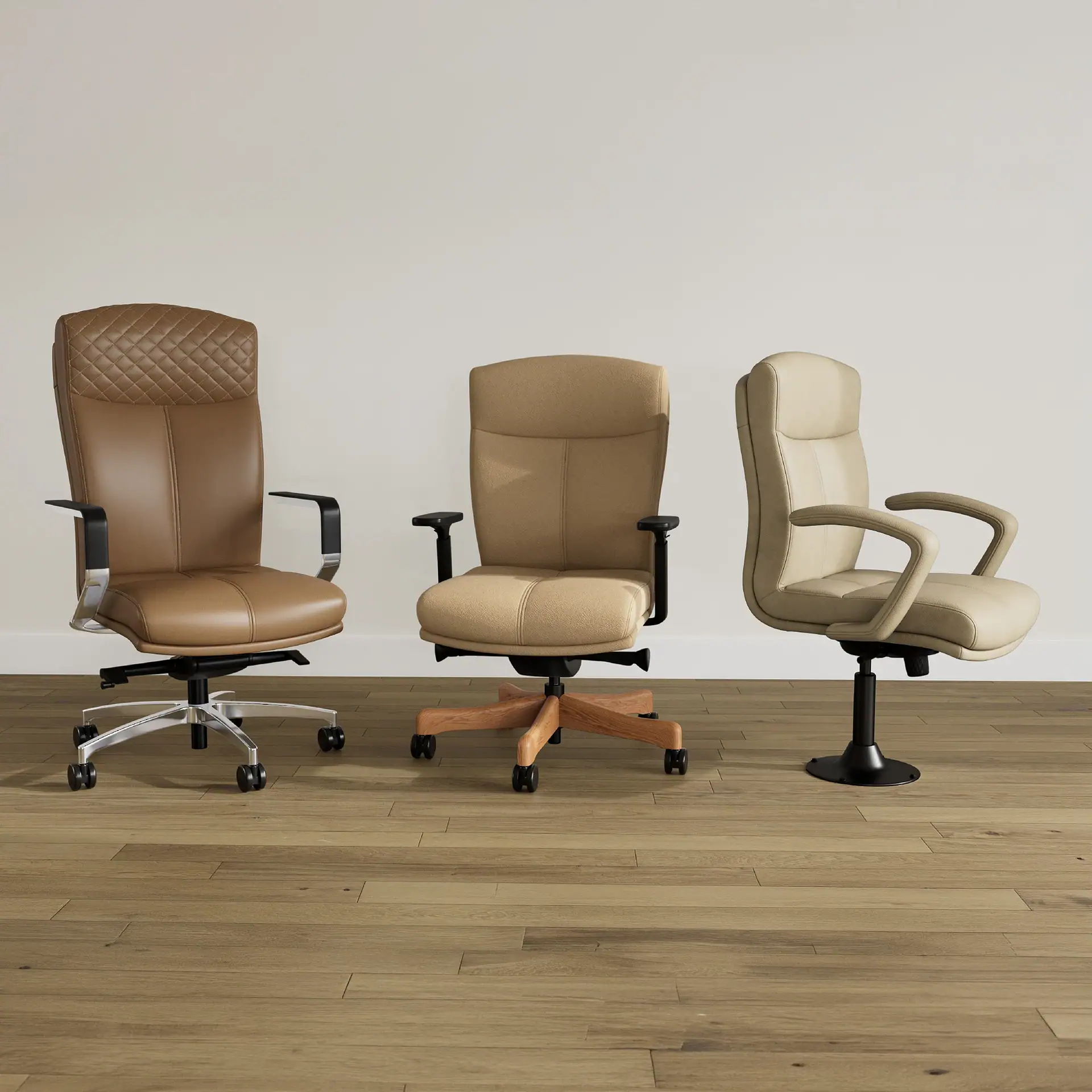 Three different office chairs, brown, tan, and cream, on a wooden floor against a light wall.