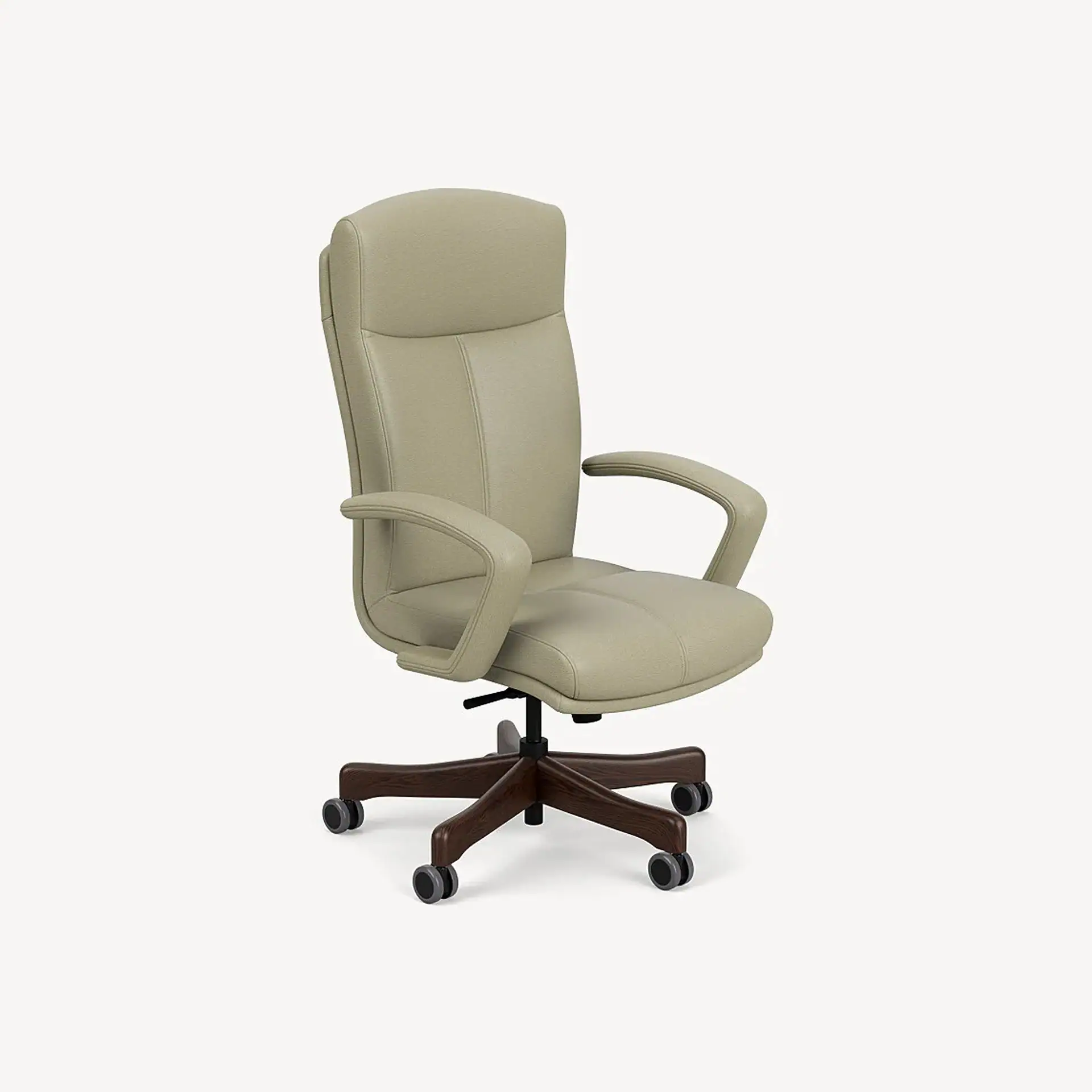 Light beige high-back office chair with padded armrests and a dark brown wooden five-star base with casters, shown on a white background.