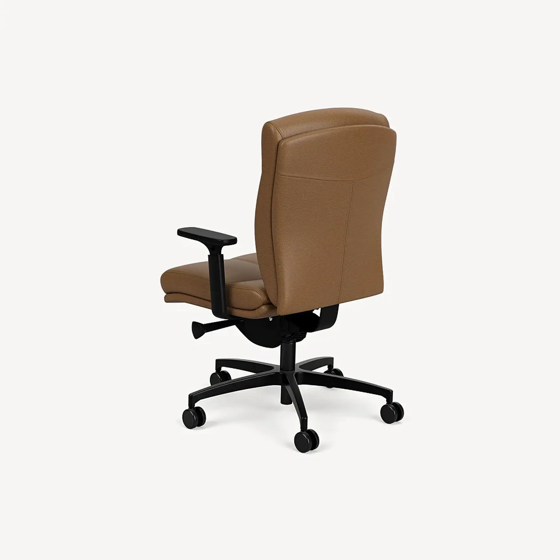 Brown leather office chair with black armrests and a five-star wheeled base, viewed from the rear.