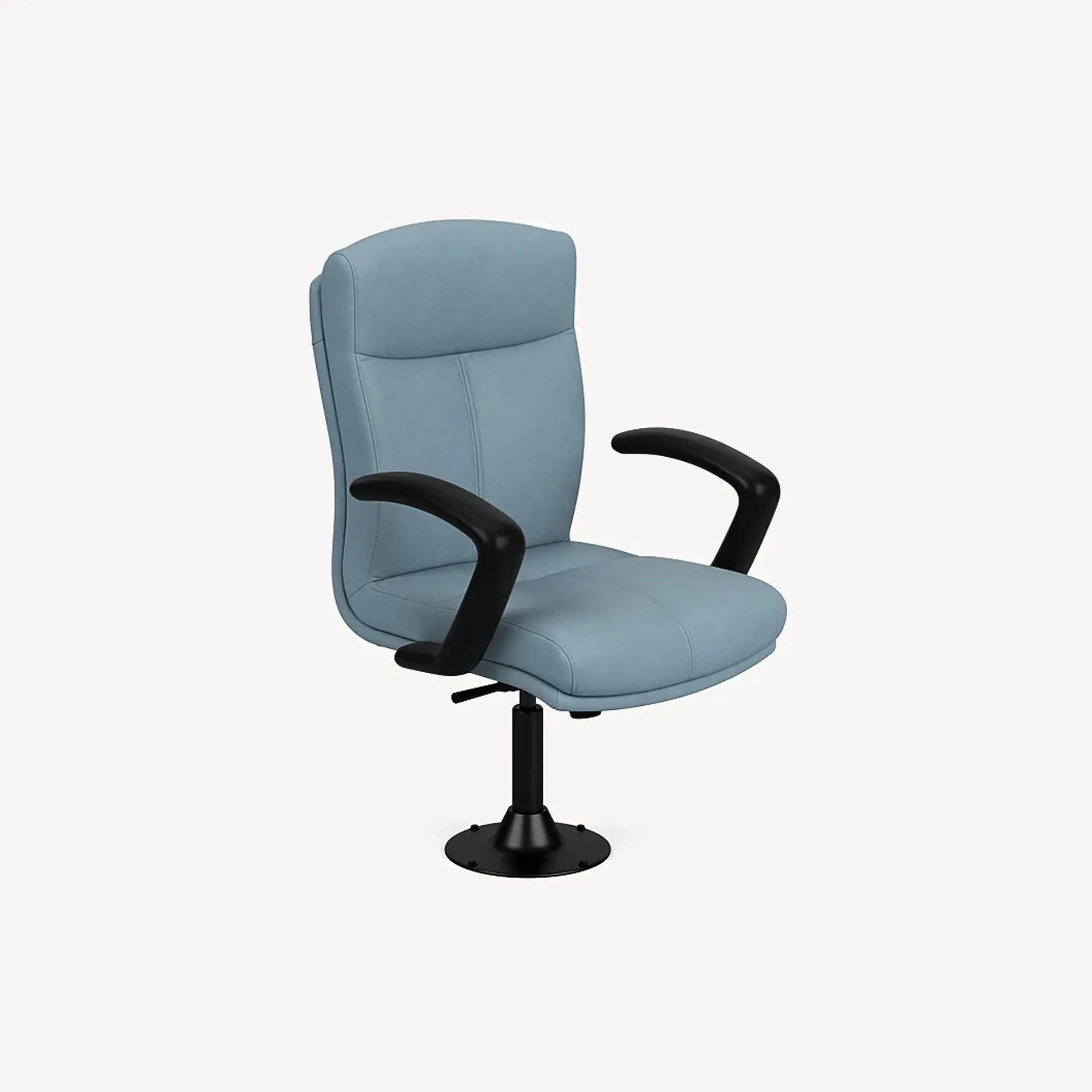 A light blue office chair with black armrests and a black pedestal base, viewed from a slight angle on a light background.