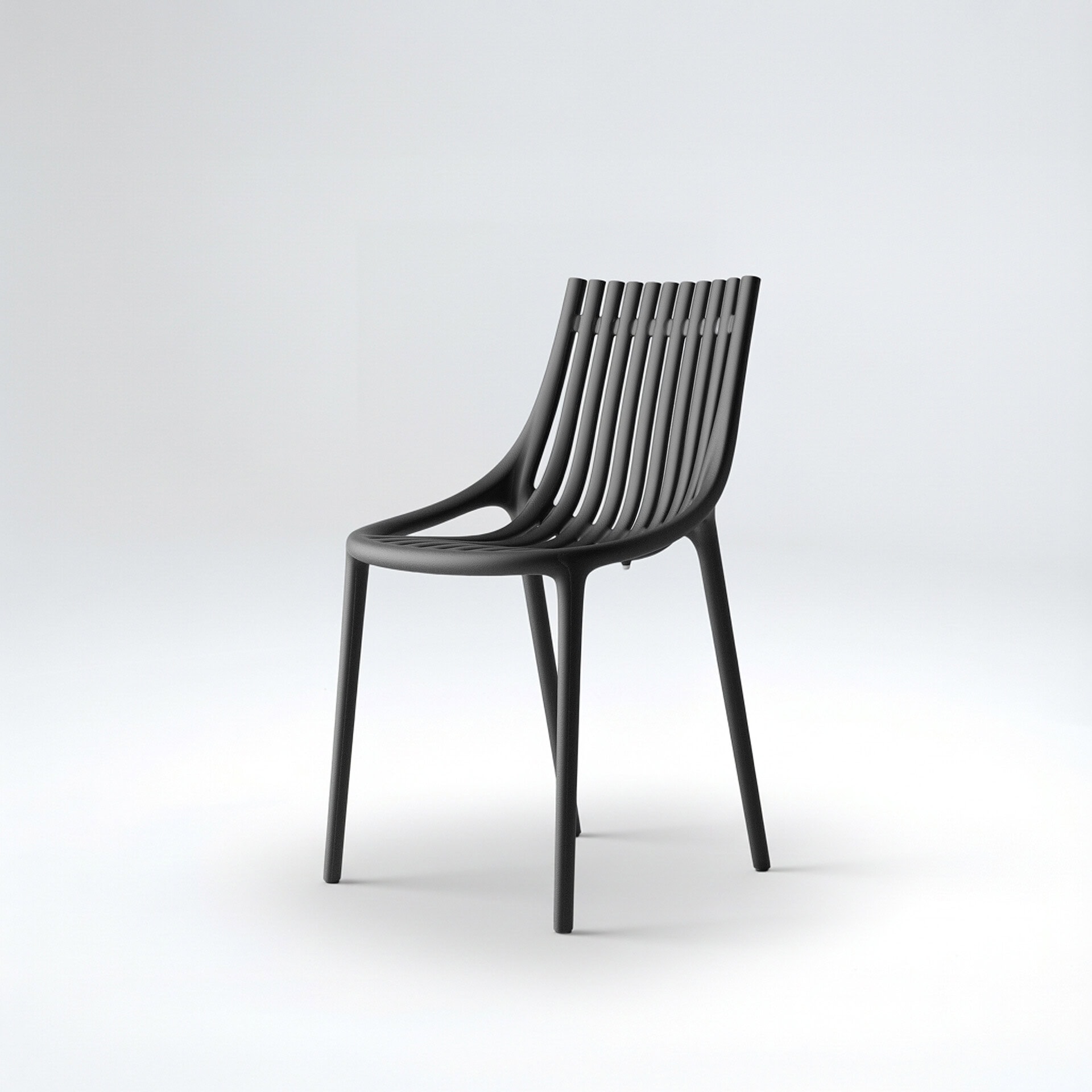 Stylish black slatted dining chair with sleek design and comfort.