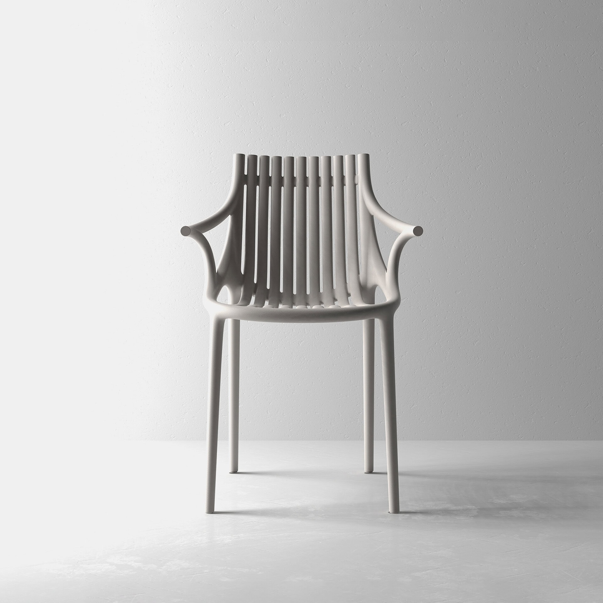 White modern chair with slatted backrest and armrests.