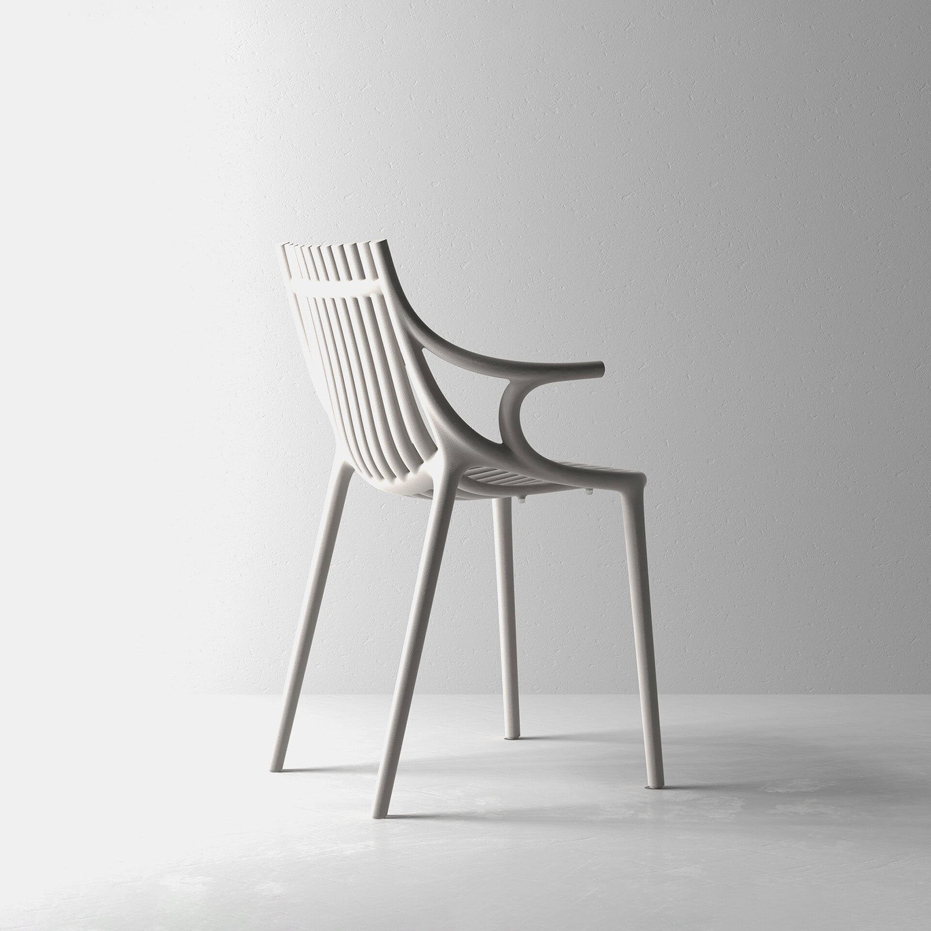 White modern chair with slatted backrest and armrests, minimalist design for contemporary interiors.