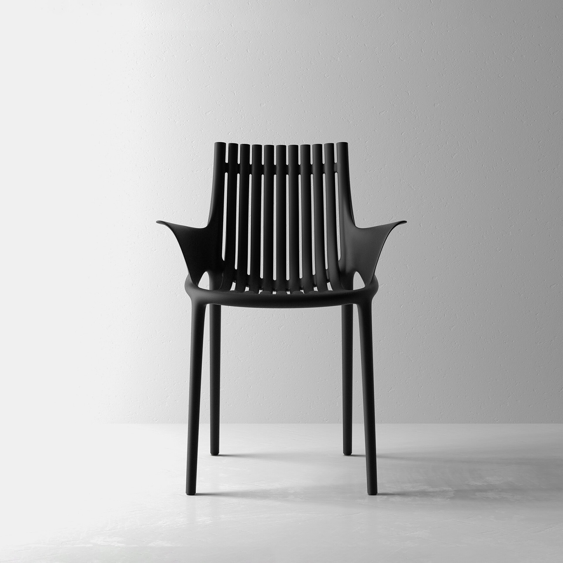 Black slat back chair with sleek design on plain white background.