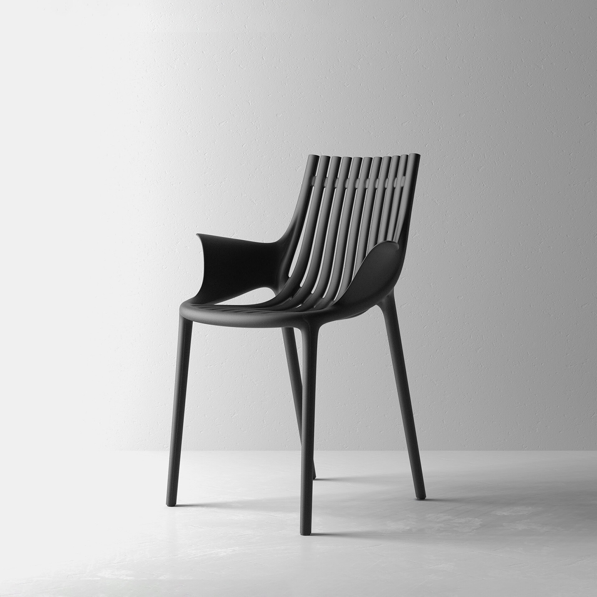 Stylish black slatted dining chair with armrest, modern design.