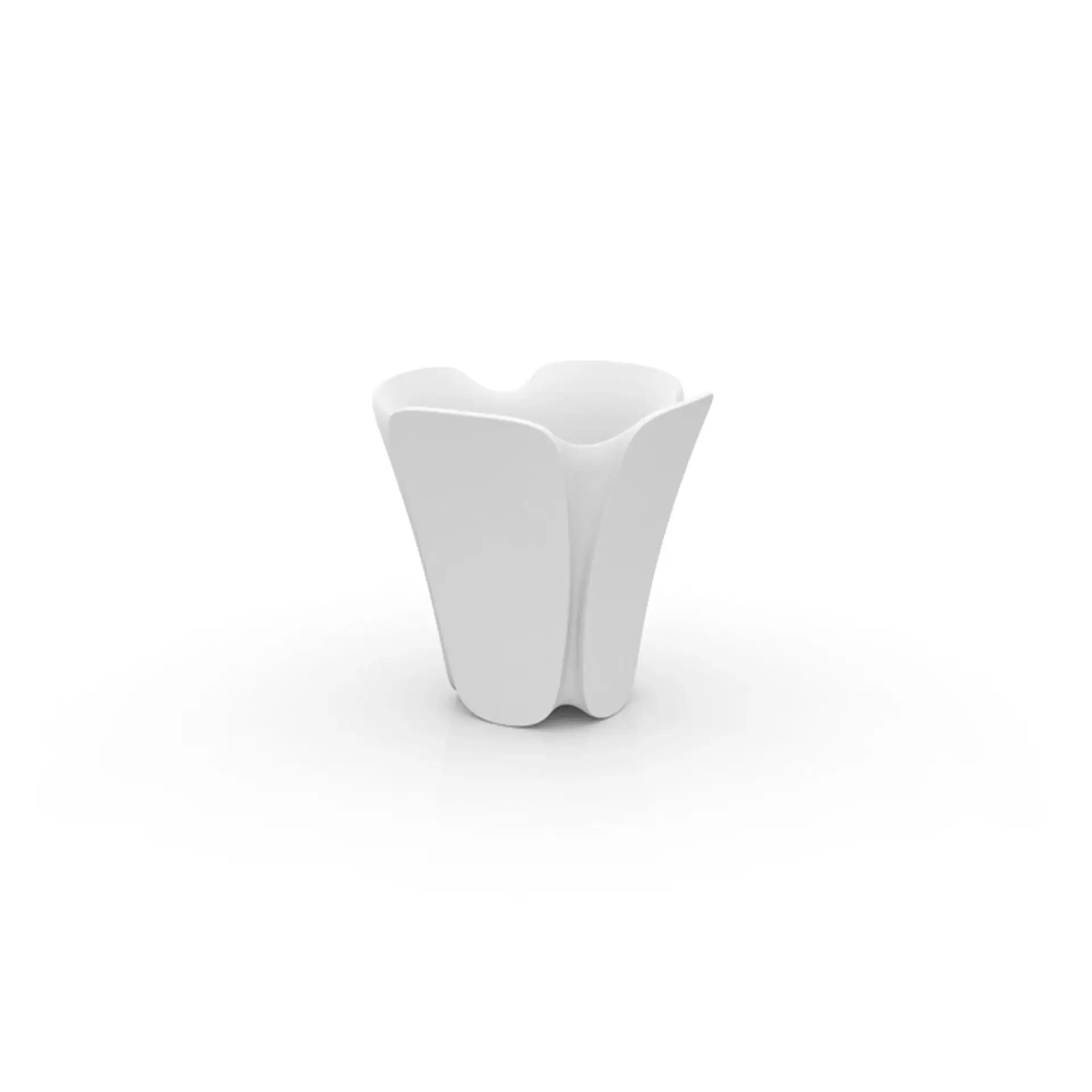 A white, abstract, sculptural vase with four petal-like lobes curving upwards, set against a white background.