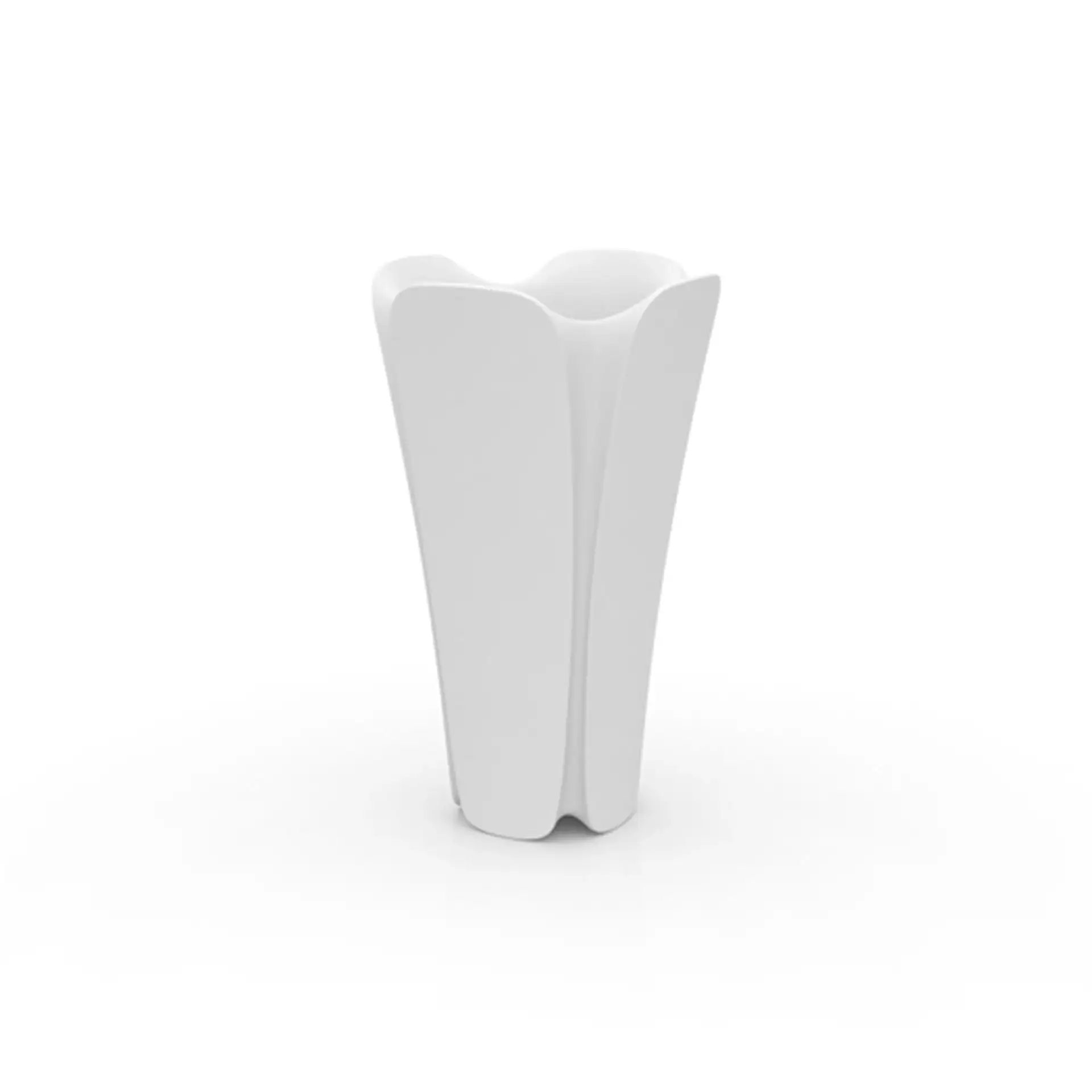 A tall, white, modern vase with an organic, wavy, petal-like design on a white background.