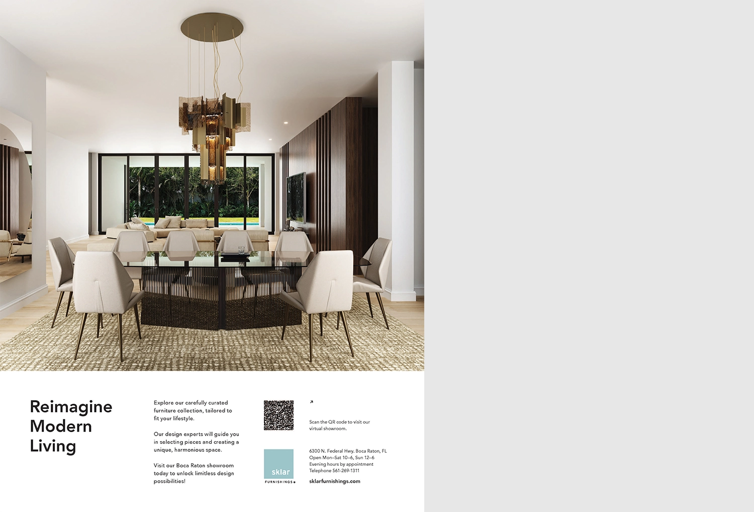A modern, luxurious open-concept dining room with a glass table, eight light-colored chairs, and a multi-tiered chandelier. In the background, a living area with a sectional sofa and large windows overlooking a lush outdoor space.