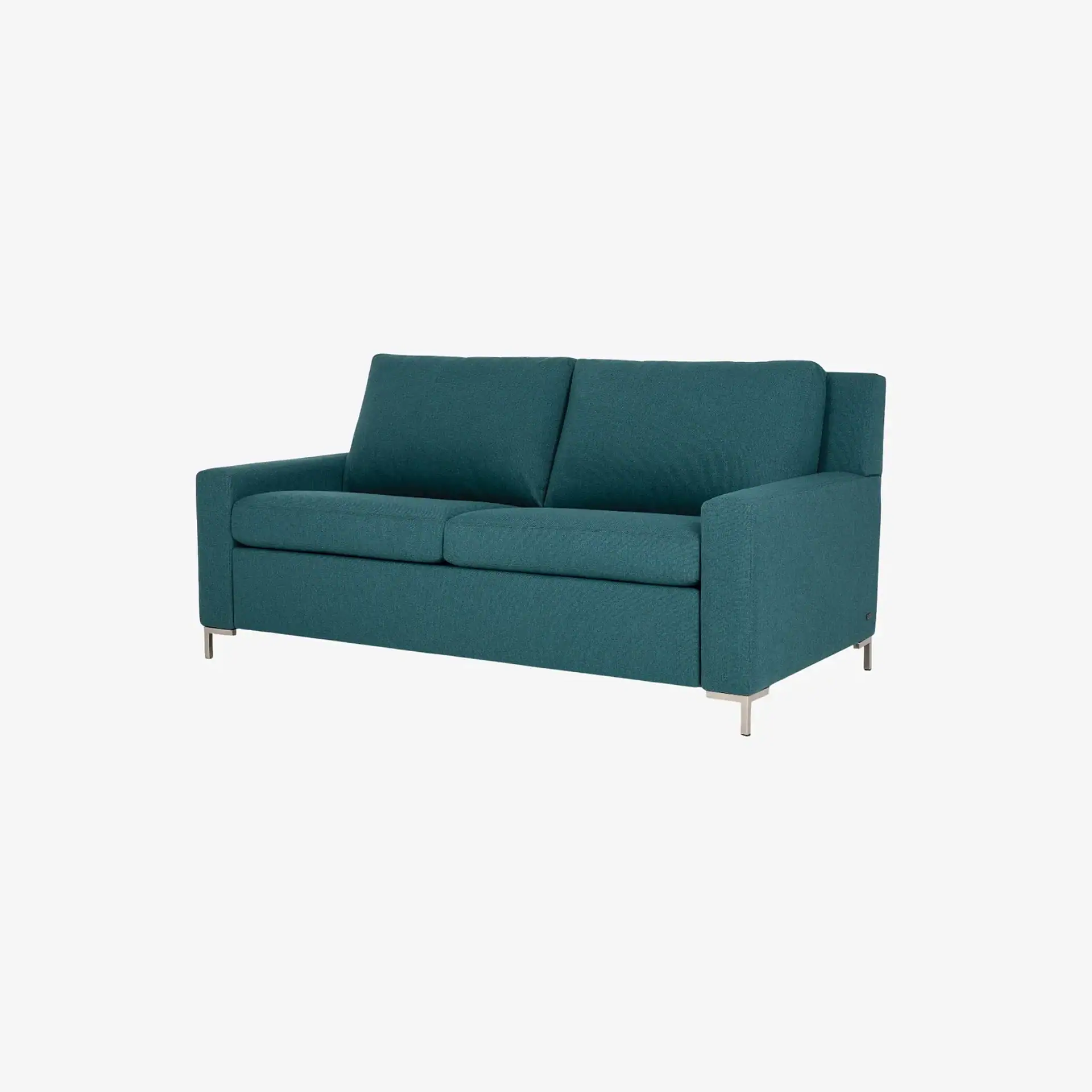 A modern two-seater sofa in teal fabric with metallic L-shaped legs, shown against a light gray background.