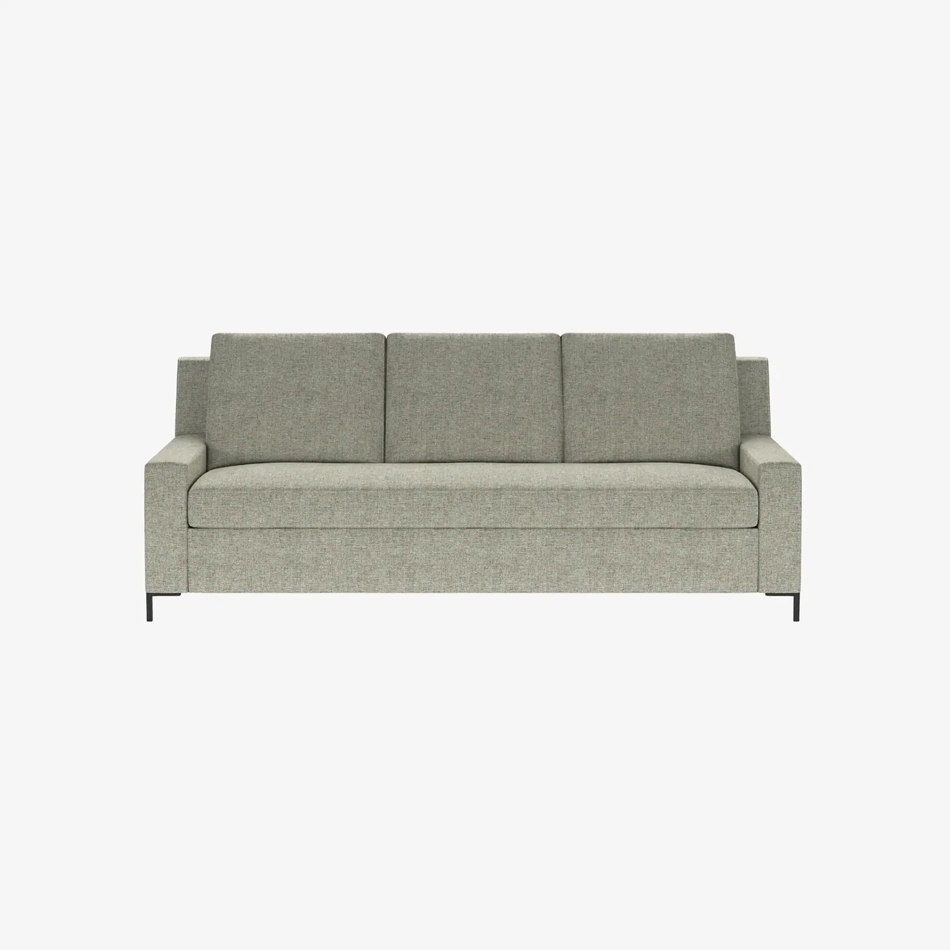 Front view of a modern light grey three-seater sofa with minimalist black L-shaped legs.
