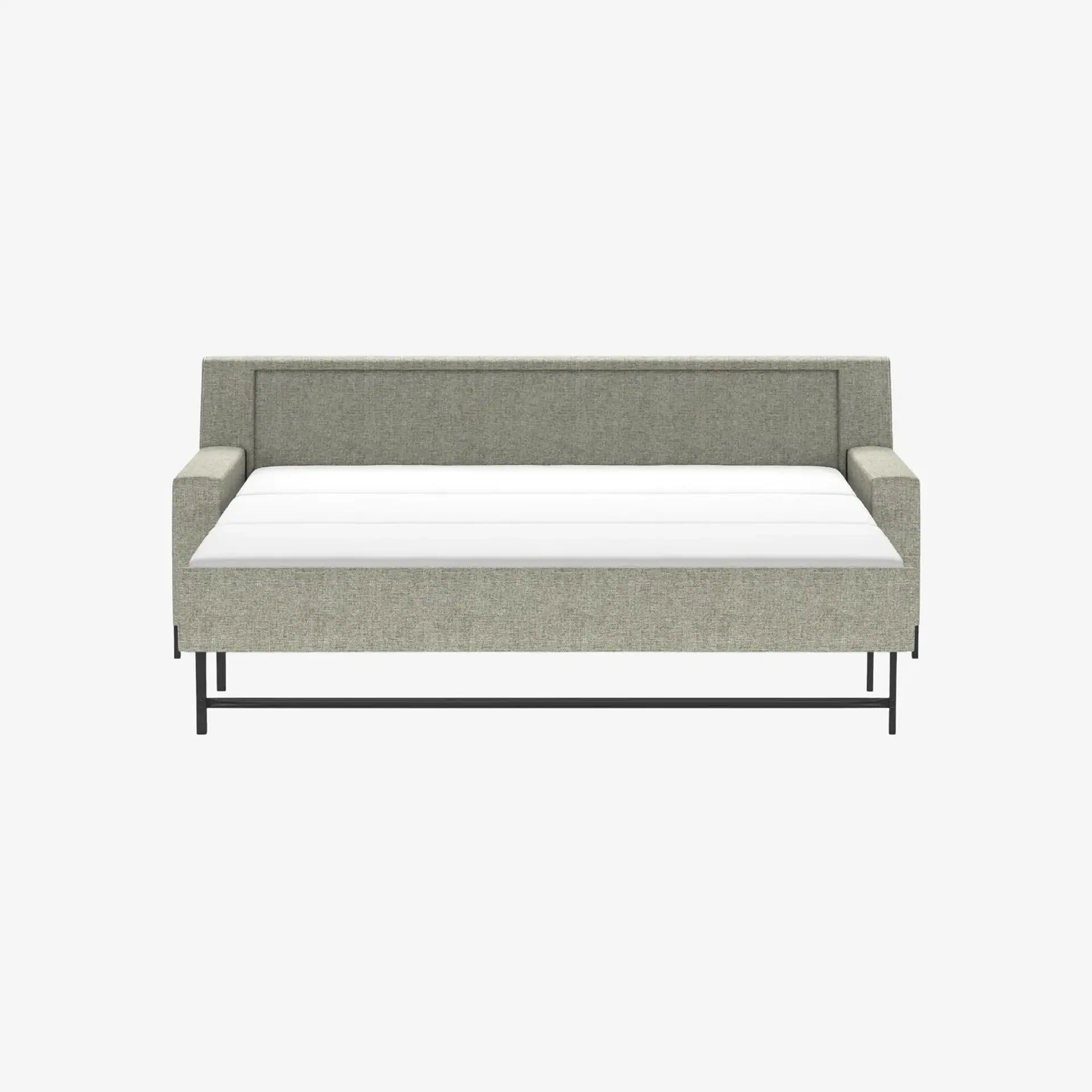Light grey upholstered daybed with a white mattress and black metal frame on a white background.