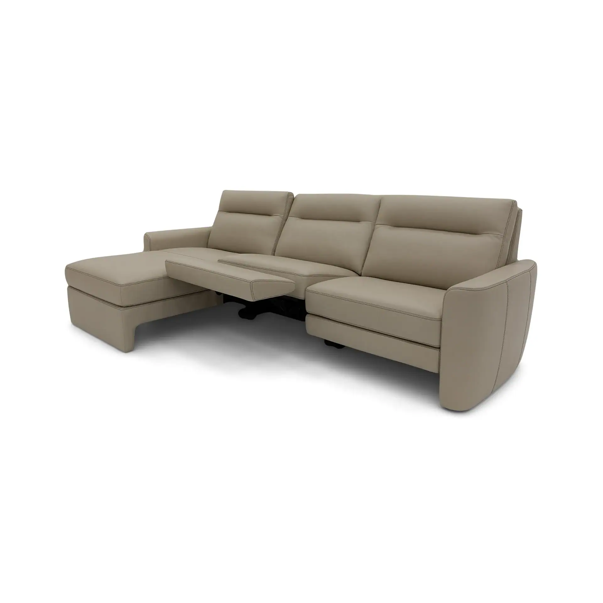 Light beige L-shaped sectional sofa with two extended footrests, a chaise lounge, and visible stitching, on a white background.