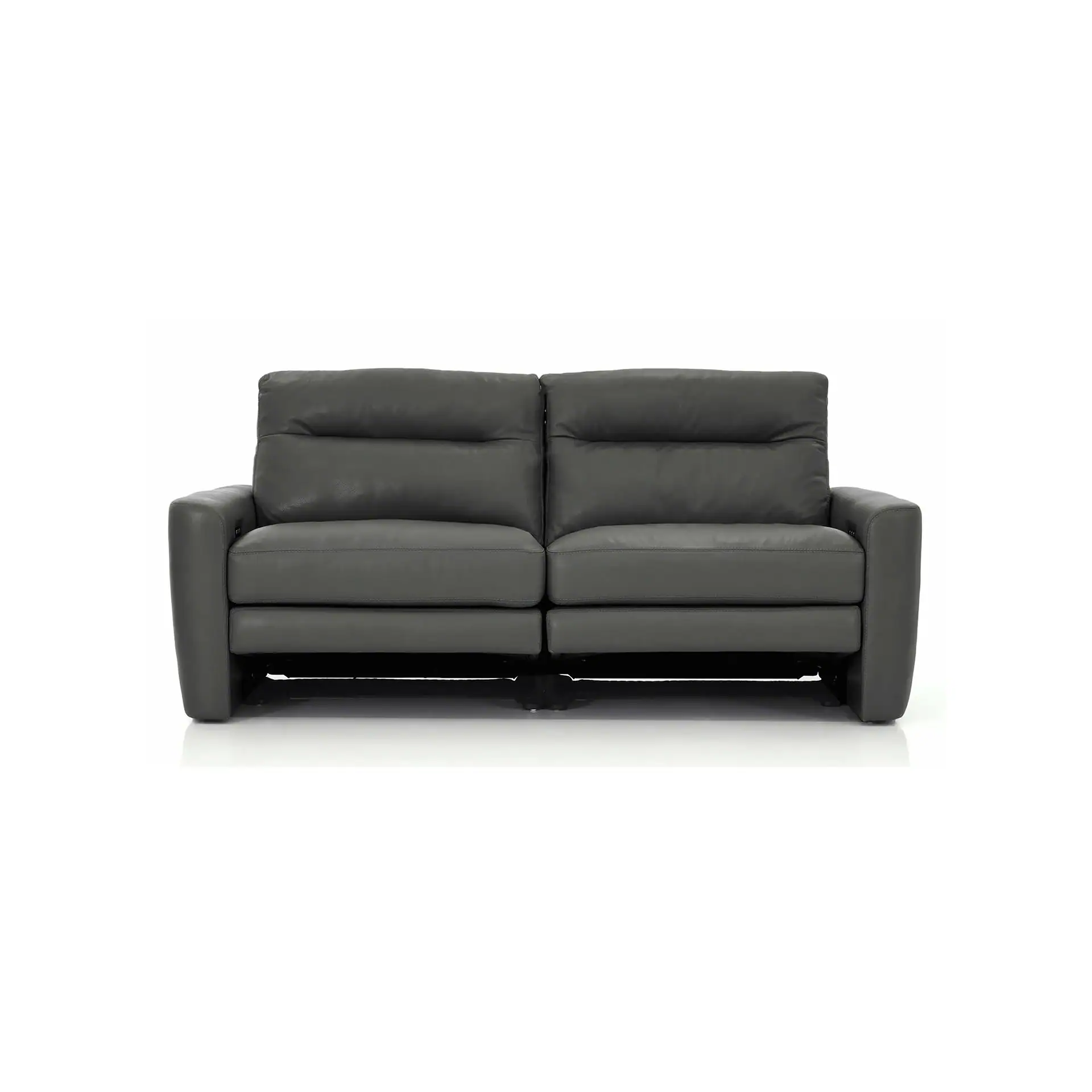 A dark gray two-seater reclining sofa with plush cushions and wide armrests, presented on a white background.