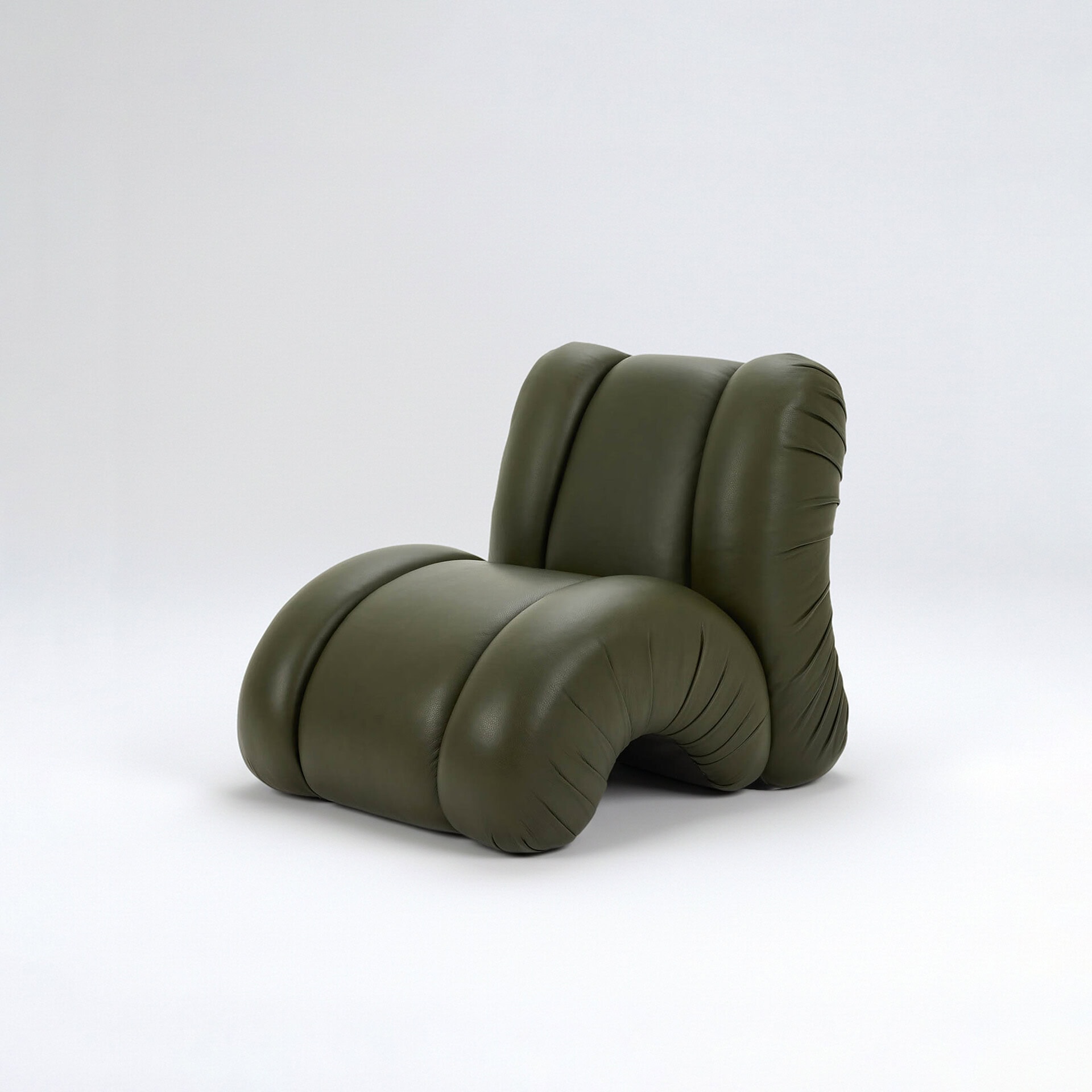 Unique Orion sculptural accent chair in olive green leather.