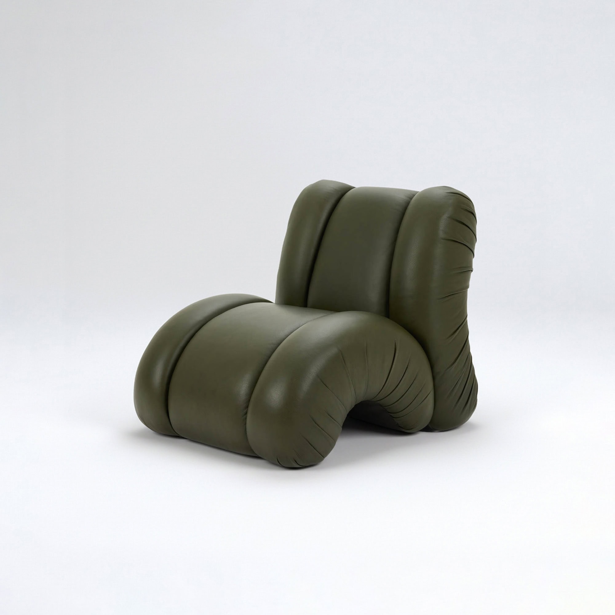 Unique Orion sculptural accent chair in olive green leather.